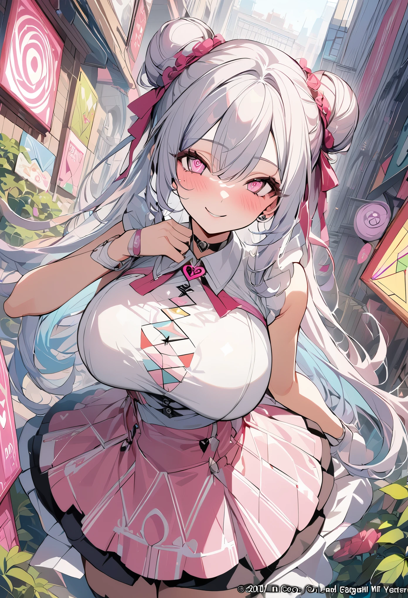 1 girl, pink long bun hair, heart shaped eyes, ♡, big breasts, Stewardess clothes, {girl with pink long bun hair named Nami}, (Pink eye color), {downtown}, (smile), bright background , mole under eye, heart shaped choker, (masterpiece, highest quality), very detailed, highest quality, official art, beautiful and aesthetic: 1.2), (1 girl), very detailed, (geometry art: 1.3), colorful, most detailed ?d1 girl, pink long bun hair, Eye of the symbol, +__+, big breasts, gothic costume, {A girl with long pink bun hair named Nami}, (Pink eye color), {downtown}, (smile), bright background, (garden,beautiful flower々),mole under eye, heart shaped choker, (masterpiece, highest quality), official art, beautiful and aesthetic: 1.2), (1 girl), very detailed, (geometry art: 1.3), colorful
