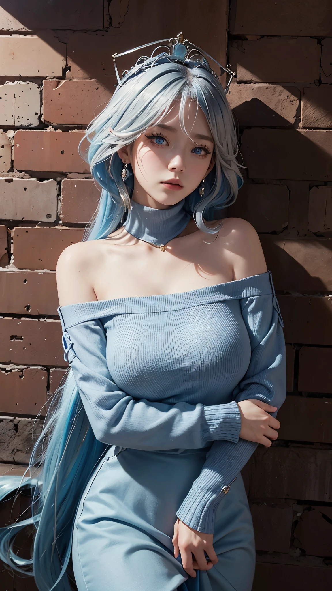 （masterpiece，outstanding，1 girl，alone，intricate details，Color difference），realism，（medium breathing）），take off shoulders，big deal，Sexy，Yaeko，long blue hair，silver tiara，red highlights，hair above one eye，blue eyes，earrings，sharp vision，Perfectly symmetrical figure，collar，neon shirt，slit jacket，turtleneck sweater，leaning against wall，brick wall，doodle，dim lights，alley，looking at the audience，（（Reasonable，enchanting，charming） ),（Sakura background））），红brick wall的背景, (huge saggy breasts), 