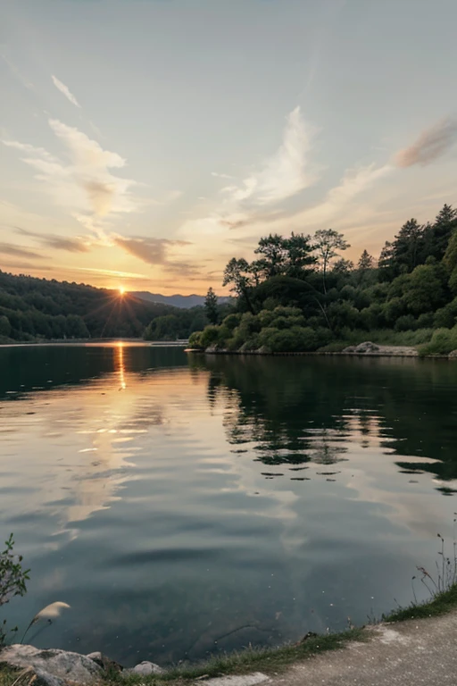 A sunset over a peaceful lake