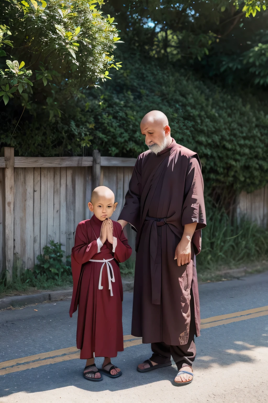 rural area,There was an old monk and a young monk,Standing on the roadside with hands folded and praying,