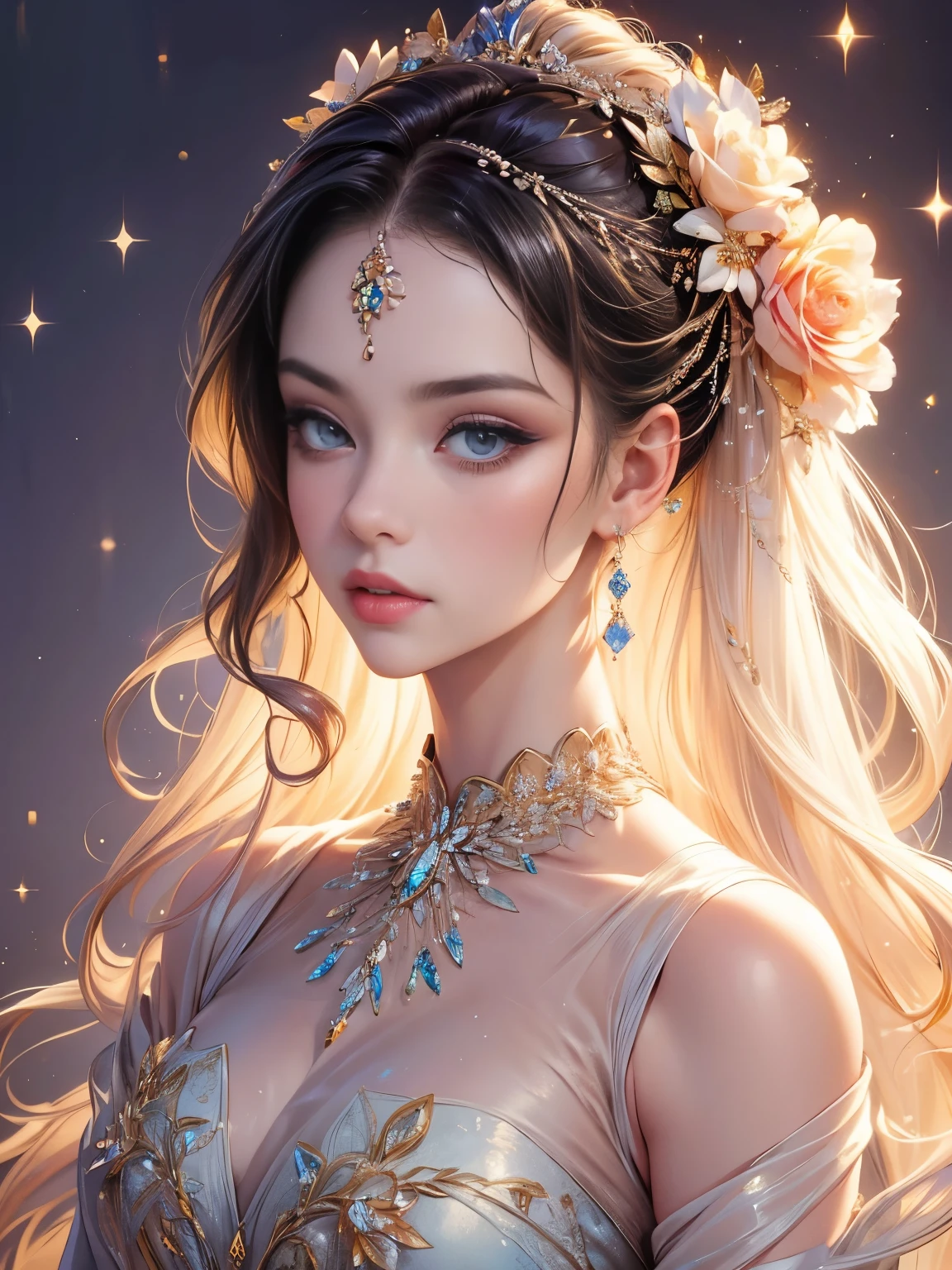 (masterpiece:1.2),high resolution,beautiful aristocratic girl in a dynamic half-body portrait,elegant hair gracefully piled up,clear eyes,hair adorned with exquisite floral arrangements,crystal jewelry thread,ultra-detailed details,upgraded.