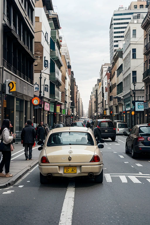 A bustling city street with people and cars