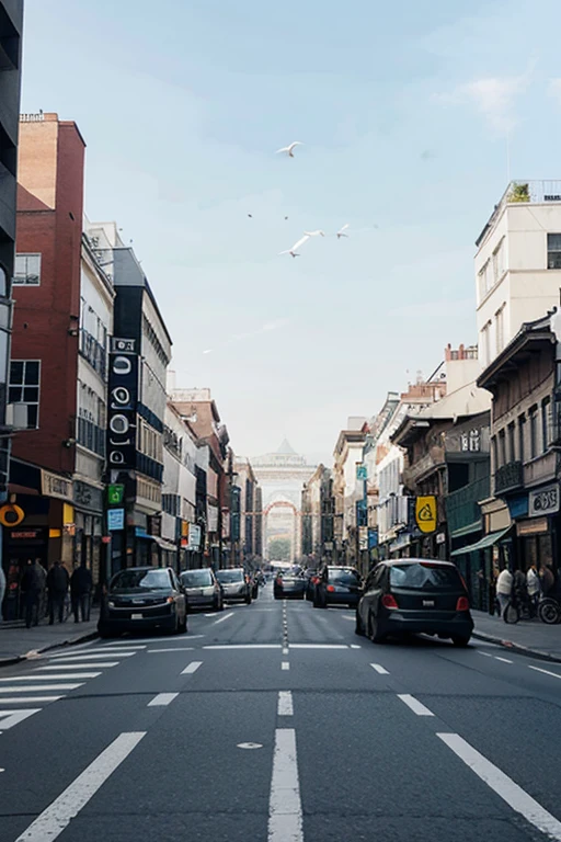 A bustling city street with people and cars
