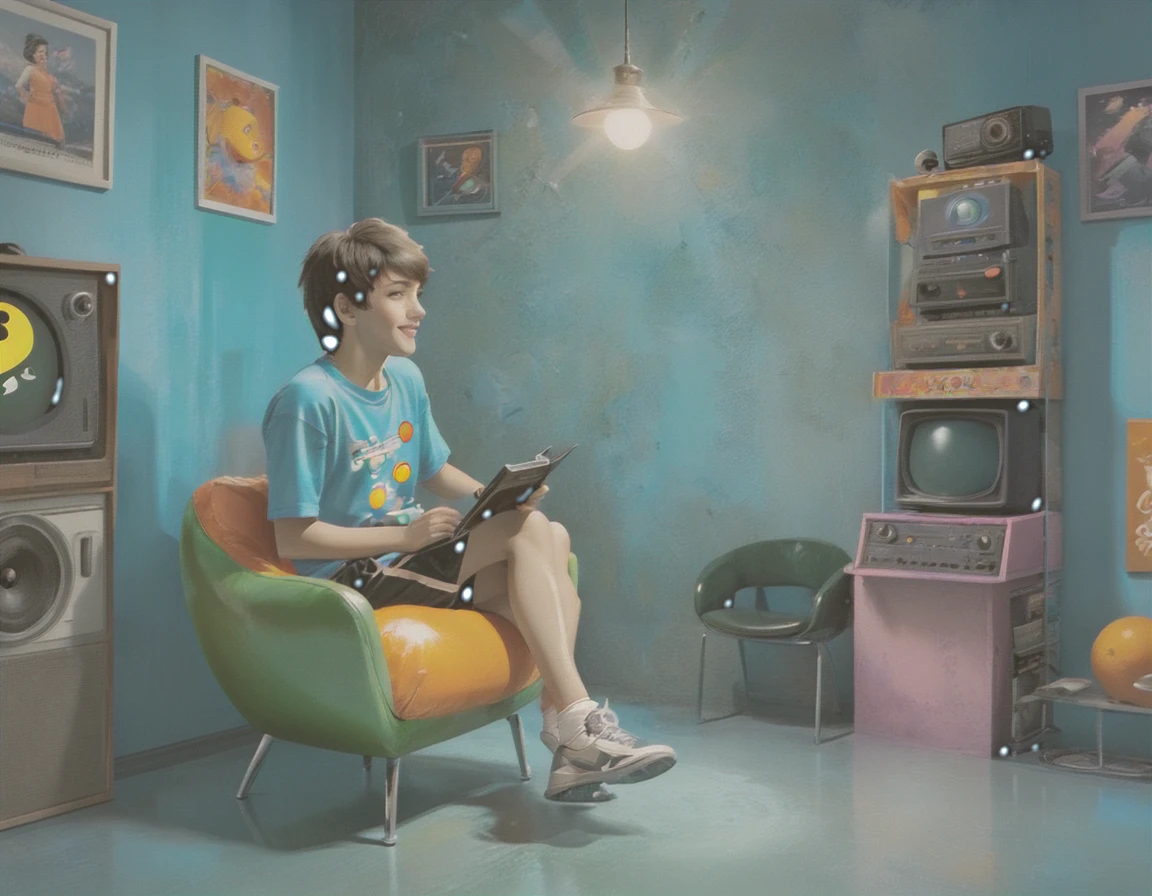 ((masterpiece: 1.5, distant shot, profile: 1.5)). (retro boy playing sitting in a chair in his room, ((playing Pac Man Atari Cx-2600 Cr C/2 Controls Console, on a retro television: 1.6, perfectly proportioned))), (the shot has to be far away the child and the Pac Man game on the Atari console are well appreciated: 1.5), sports clothing, (clothing and details with a wide variety of bright color tones, cyan, earth colors, oranges, greens: 1.3)).(composition perfect:1.4), all extremely detailed and realistic with youthful features., A perfect person, happy, smiling, fun, Her lips are a uniform shade of pink. Includes fun and impressive features. Very realistic eyes. His eyes, face and body are important and must be hyper-realistic. Very detailed and beautiful. In high definition and detail, lots of energy and emotion, enhanced details, Pay special attention to his face and make sure it is beautifully detailed and realistic.... camera: this art is dreamlike and ethereal and the camera should emphasize those features. Create something strikingly beautiful. Use dynamic composition techniques, ((Imaginative scene)),((perfect, meticulously detailed:1.4)), ((full shot: 1.4, dynamic pose:1.3)), ((Best quality)), ((masterpiece) ), 3d, (Hyper Detailed: 1.3), ((Cityscape: 1.3)), (Photorealistic: 1.4), ((Low Light Night Cinema Lighting: 1.2)).32k.