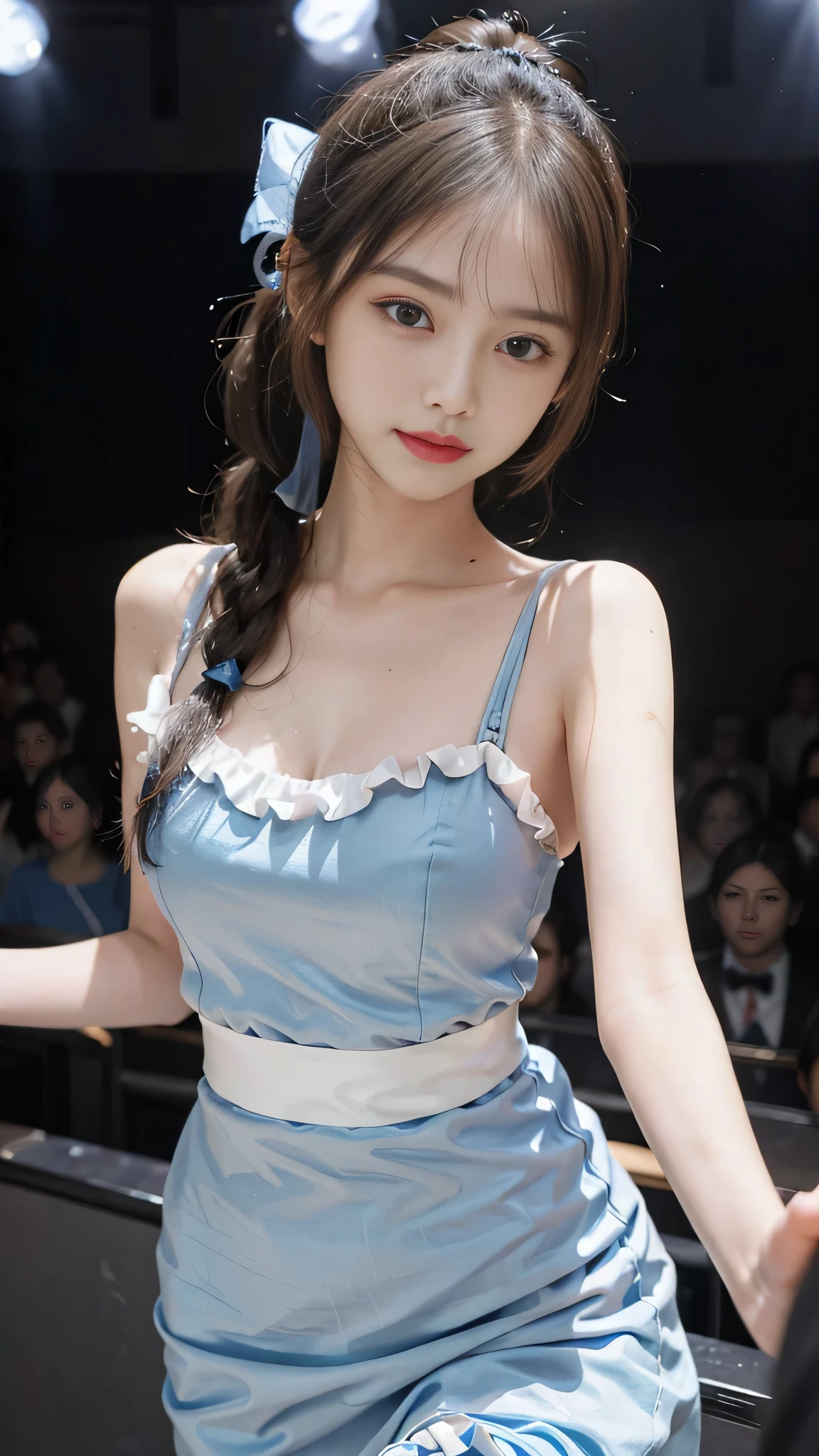 don&#39;t show skin,close up of face,Standing on stage,standing on stage,Blue colored long dress with lots of ruffles,One woman,masutepiece, The highest image quality, High quality, the background is clear,Beautiful woman, Japanese, Detailed, Detailed eyes, Detailed skin, Beautiful skin, 超hight resolution, (reality: 1.4),Very beautiful woman, Slightly younger face, Beautiful skin, slender, (Ultra photo realsisim), (hight resolution), (8K), (Very detailed) (beautifully detailed eyes), (super detailed), (Detailed face), view the viewer, Fine details, Detailed face, Staring straight ahead, Staring straight ahead, photos realistic, Bright lighting, Professional Lighting, Black hair,poneyTail,a baby face,fifteen years old,Hairstyle is ponytail,long ponytail hairstyle,slight smile,neat and tidy clothing,Beautiful Japanese KPOP idol photo, hair style is ponytail, my eyes are double and wide, baby face, smile and look straight ahead, slender, small breasts,close up face,softly shaped skirt, Blue ribbon on head,
