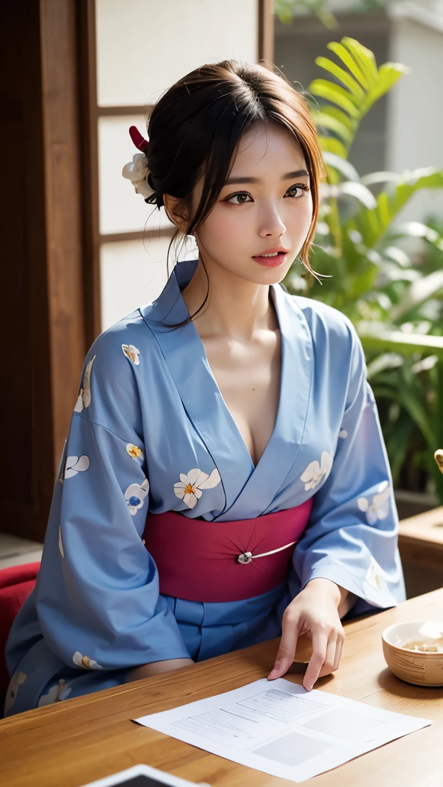 (NSFW), (table top, highest quality:1.4), squatting down, beautiful face, idol face, Drooping eyes, 8K, 85mm, absurd, (floral pattern yukata:1.4), Upper body, expose one's chest、cleavage, violaces, gardenia, delicate girl, alone, night, looking at the viewer, Upper body, film grain, chromatic aberration, sharp focus, face light, professional lighting, Sophisticated, (smile:0.4), cleavage, (simple background, background bokeh:1.2), Surface details