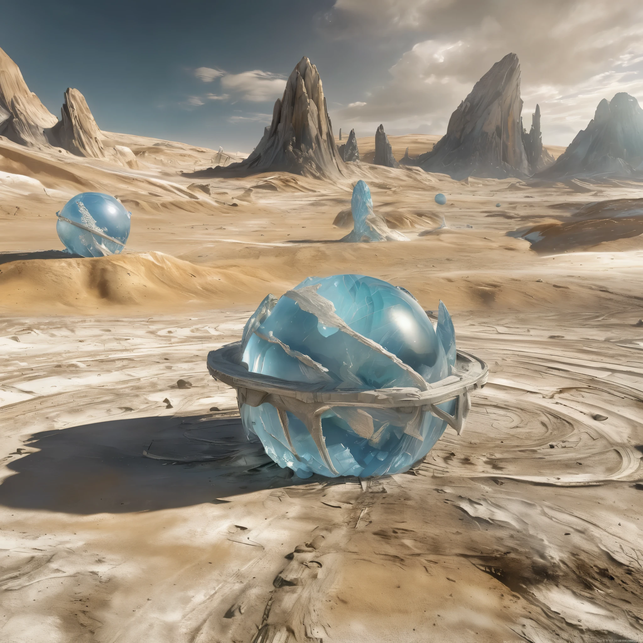 Realistic photo in RAW format, Come up with an alien landscape, if somewhere far away there was a crystal planet high texture smoothing, high resolution objects, 32K, hyper detail, Surreal sci-fi style, DAZ 3D, Realistic brush strokes, 