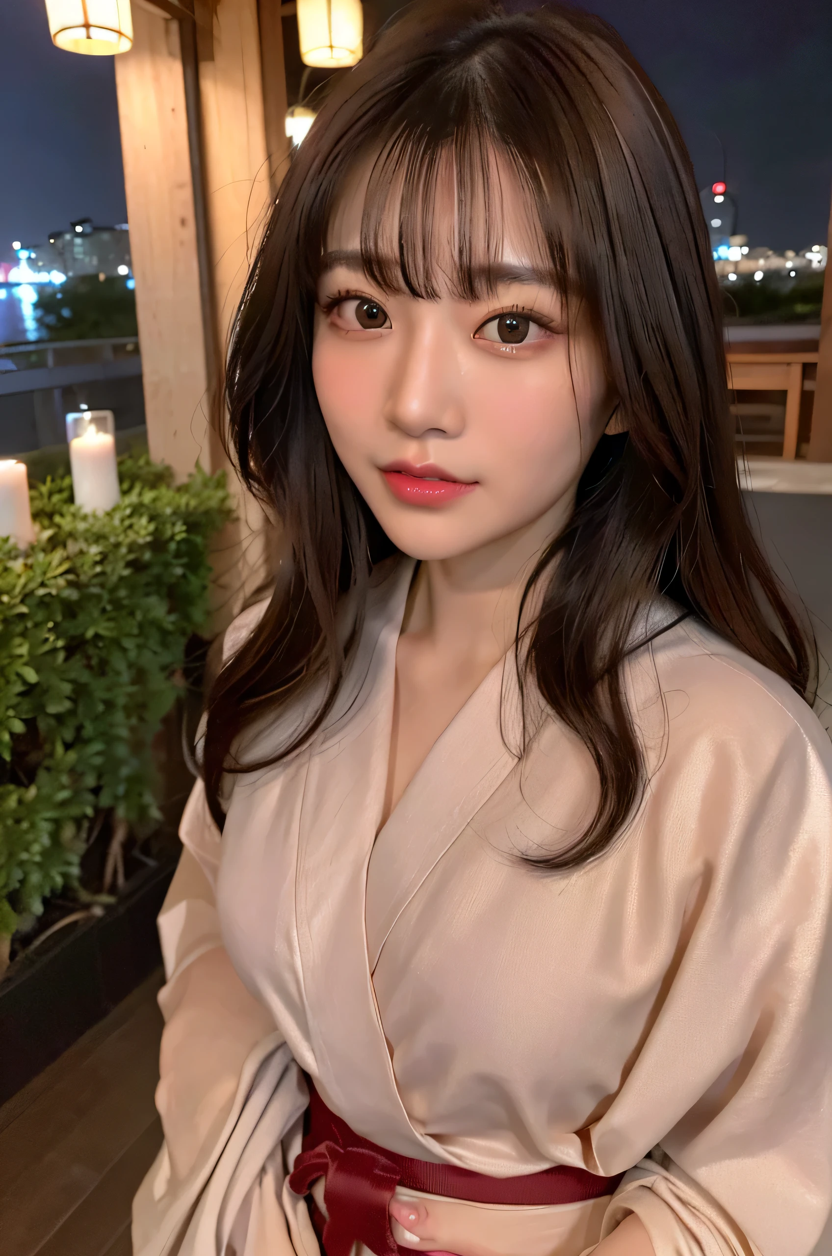 8k、RAW photo、highest quality、masterpiece:1.2)、High-definition RAW color photo、professional photos、Japanese、Beautiful woman、luxurious hair ornament、curly hair、(genuine、Photo geneuine:1.37)(((highest quality))),25 year old woman,cinematic light,(final details face:1.2)(masterpiece:1.2),(highest quality:1.2), shrine at night, (yukata: 1.2))