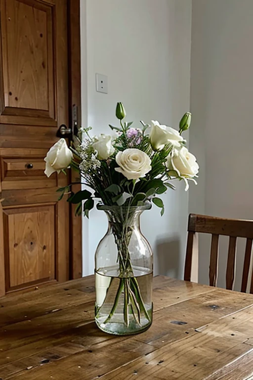 A vase of fresh flowers on a wooden table