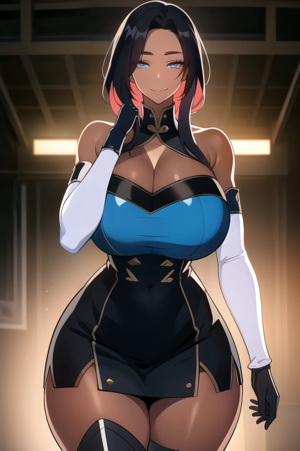 masterpiece, best quality, absurdres, 8k, perfect shadows,perfect lighting,hdr, cowboy shot,shiny skin,skindentation, beautiful body, kafka, ((black hair: 1.4)), long hair, (blue eyes: 1.4),  (chinese dress, cleavage, elbow gloves, thigh boots, split skirt, bare shoulders, curvy, midriff, curvy, thighs, higheels, shiny clothes), complex detailed background, inside, luxury palace) (gigantic breasts,hourglass body, thin waist,very slim waist)extremely detailed face,detailed eye makeup, detail face, nice detailed eyes,nice hands, perfect hands (realistic pupils,realistic iris:1) heavy eye makeup,glowing eyes, Bright eyes,standing,standing at attention,(seductive smile), gigantic breasts, curvy, cowboy shot, (( tan skin: 1.1)), (( tan face: 1.1))