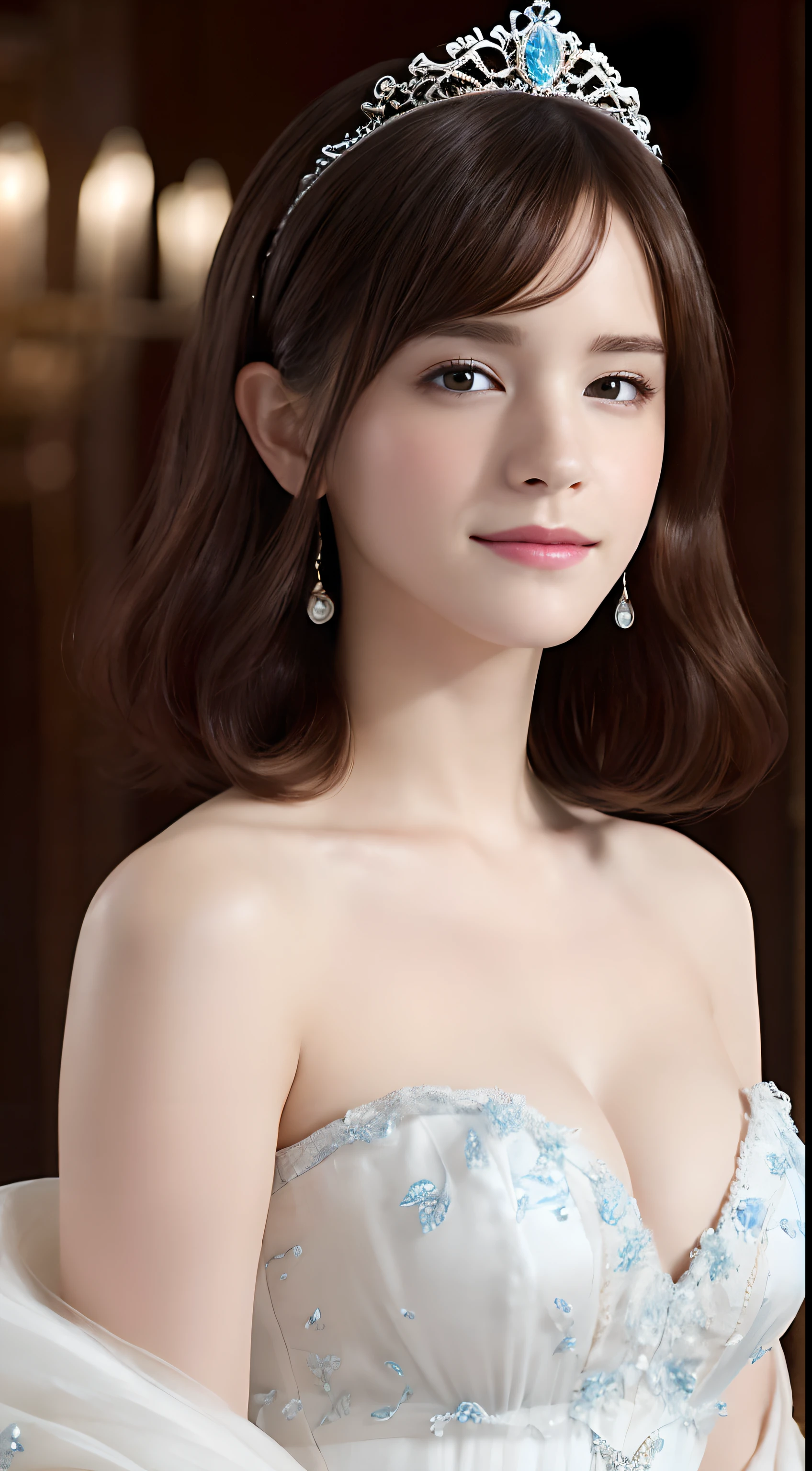 (A hyper-realistic), (hight resolution), (8K), (ighly detailed),  (beatiful detailed eyes), (top-quality), (ultra-detailliert), (​masterpiece), (A detailed face), softfocus、face of emma watson、bob cuts、Colossal tits、japanes、palatial palace、Cinderella Costume、Dance Party、A smile、