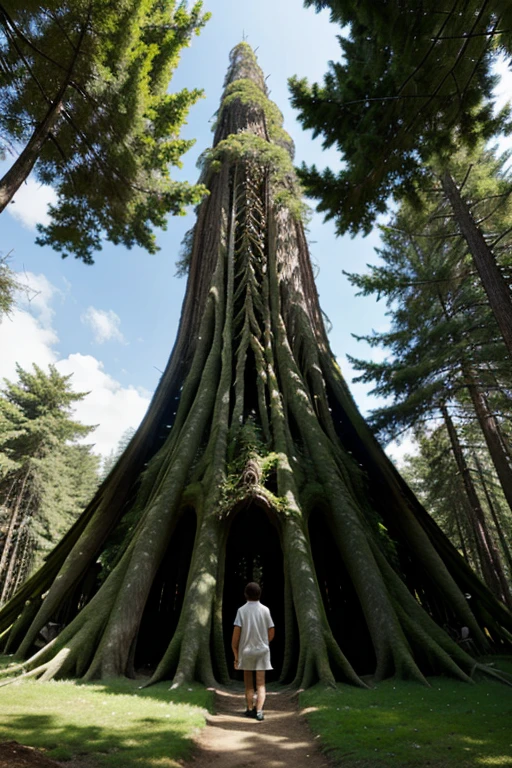 A magical forest with towering trees and mythical creatures