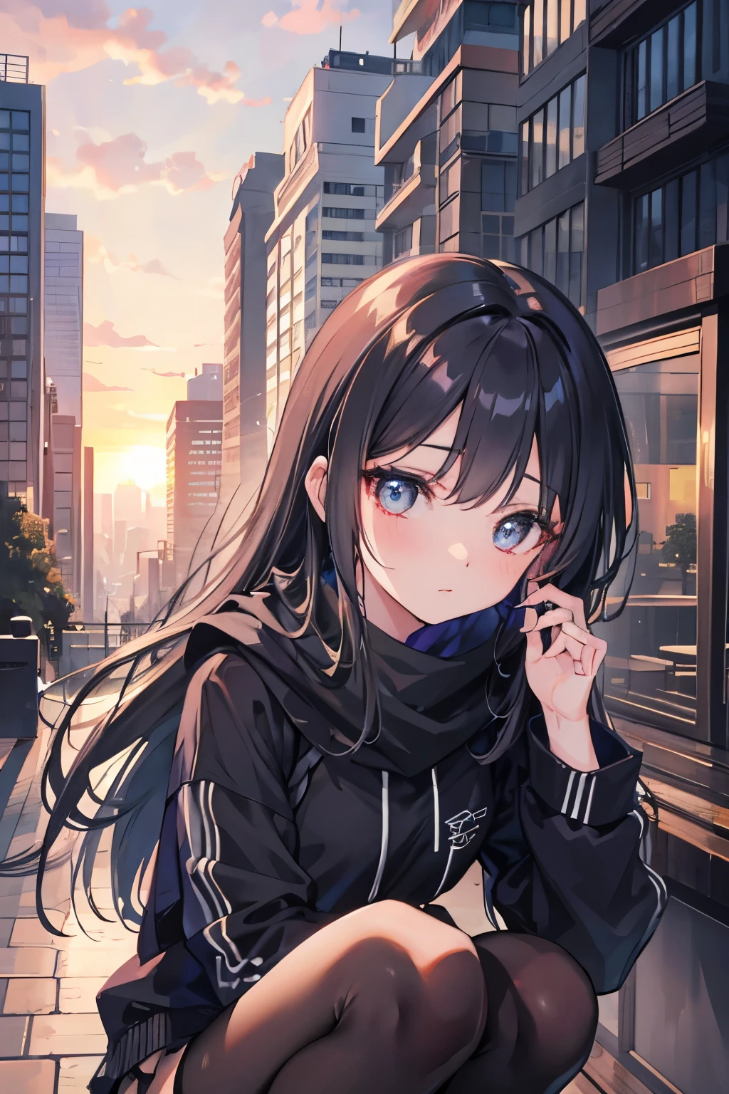 sunsetのベランダから見えるcity,fine eyes, beautiful eyes, highest quality, black tights,city,building,sunset,look down,1 girl,detailed face,beautiful eyes,
