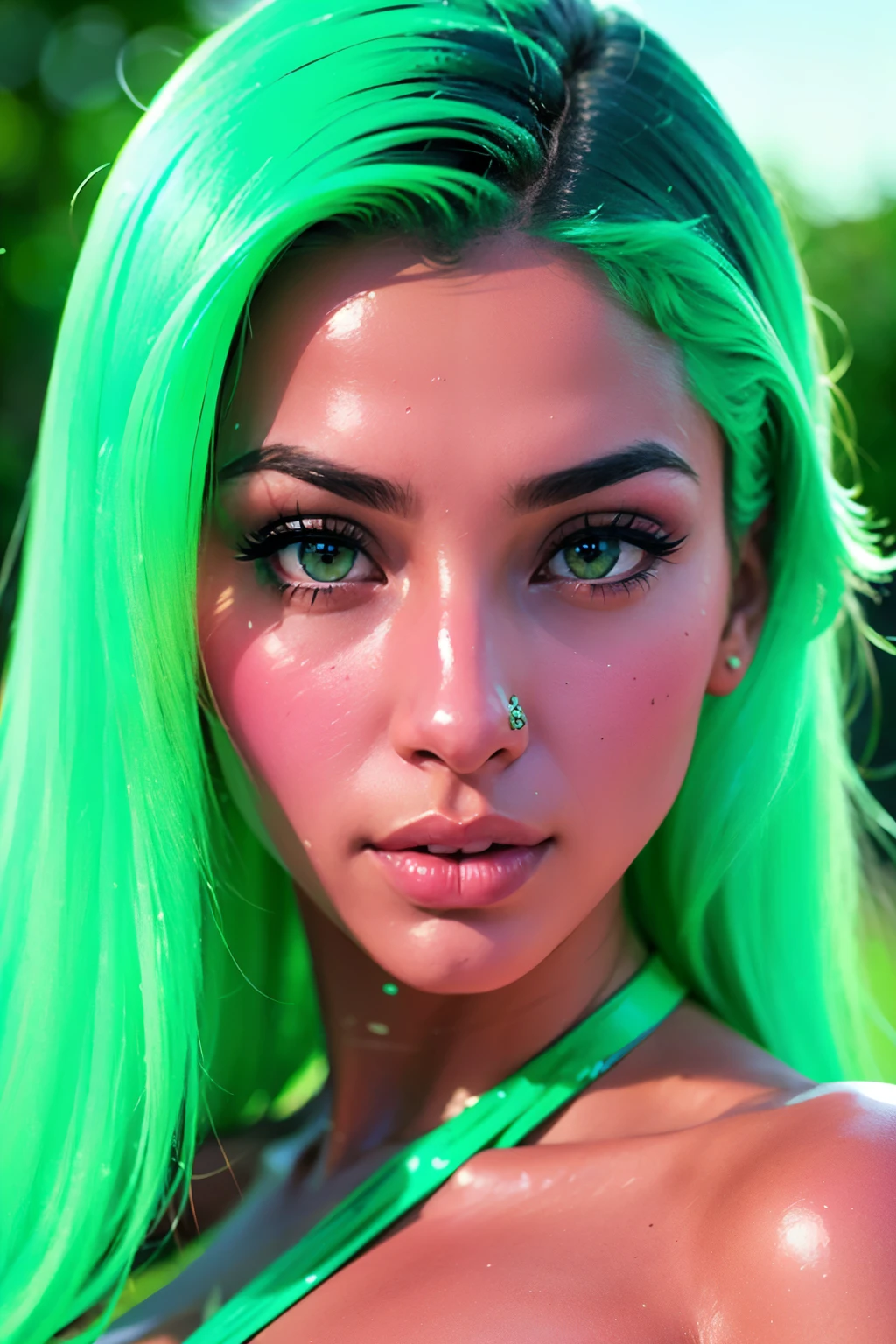 a 22 years old young north Indian girl with cyan electric blue coloured hair, shiny volumized detailed textured hair, super fair white flawless glass-like skin, perfect jawline, perfect cheekbone, perfect face, perfect detailed face, athletic build, beautiful attractive breasts 34 B, sexy naval, perfect body, masterpiece, Rossy juicy lips, well combed hair, eye lens colour is brown