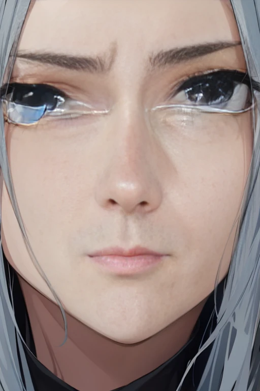 A close-up of a person's face, with a thoughtful expression