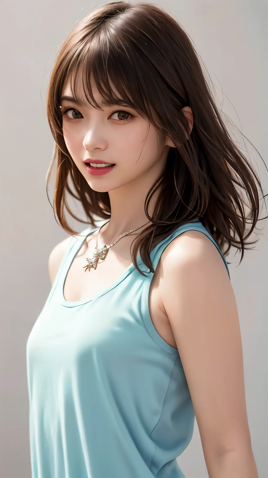 (highest quality、8K、32k、masterpiece)、(realistic)、(Photoreal:1.2)、(High resolution)、Super detailed、very beautiful face and eyes、1 girl、round and small face、thin waist、delicate body、(close、highest quality、high detail、Rich skin details)、(highest quality、8K、oil paint:1.2)、Super detailed、(realistic、realistic:1.37)、bright colors、(((brown hair)))、(((bust shot)))、(((long hair)))、(((pure white wall background)))、(((pure white wall background)))、(((I&#39;Iの歌姫)))、(((Sing passionately)))、(((I&#39;laughing)))、(((Wearing a sparkly tank top)))、(((look straight ahead)))、(((brown hair)))、(((sweating)))、(((sweaty skin)))、(((teeth visible)))、(((The white and pink tank top looks great)))、(((wearing a star necklace)))、((pink and white camouflage tank top))