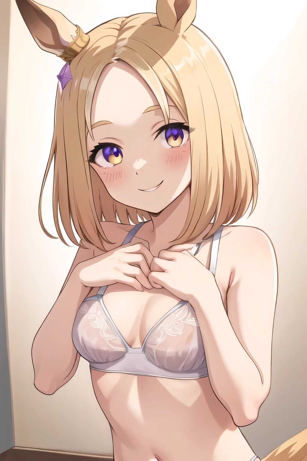 Narita Top Road\(Umamusume\), super detailed face, masterpiece, highest quality, light smile, blush, wave hands, ((super detailed face)), slender girl, whole body, (((In underwear))),horse tail, light smile, fine and clear eyes, frontage,)(Medium chest),bra,panties,((nsfw))