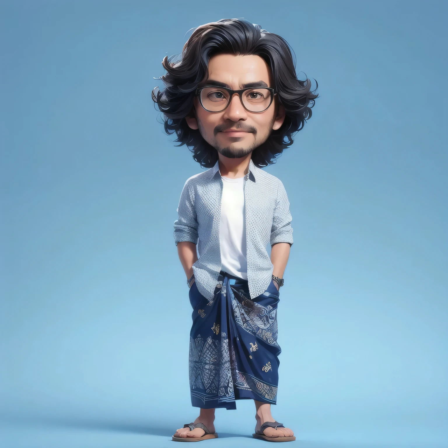 3D caricature of a handsome 35-year-old Indonesian man
wearing a white t-shirt with blue sleeve patterns, dark blue
batik-patterned sarong, sandals, oval face, black glasses,
very long curly hair, standing with proportional body. The
caricature features ultra-detailed eyes, hands, and hair,
realistic skin, soft elegant lighting, and a plain blue
contrasting background,  (Estilo Pixar) (master part:1.2) (Bokeh) (best quality) (pele detalhada) (textura detalhada) (8k) (argila) (Cinematic lighting) (sharp focus