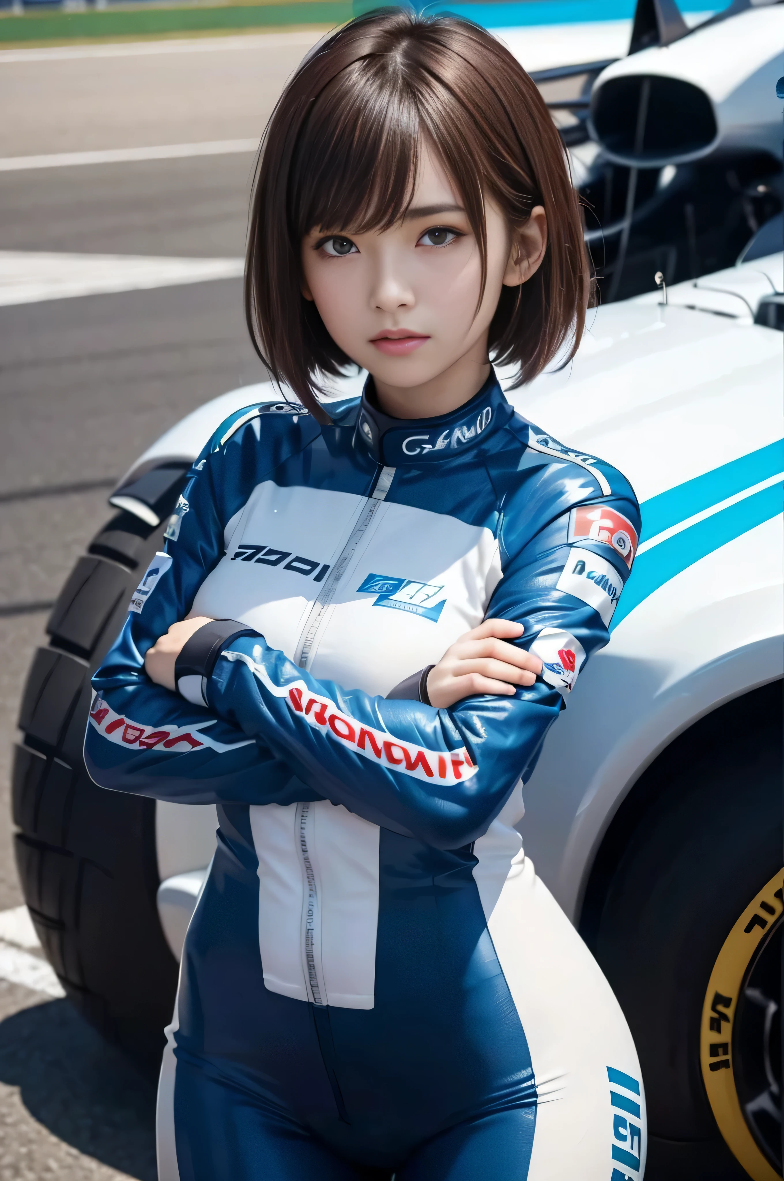 RAW image quality、8K resolution、Ultra-high-definition CG images、Japan female racer in blue racing suit riding in blue formula car　F1カー　circuit　brown hair　short cut hair　Monaco Grand Prix　standing with arms crossed　People photography　Portrait