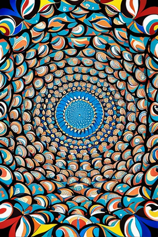 A colorful geometric pattern with swirling shapes