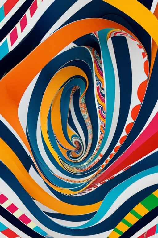 A colorful geometric pattern with swirling shapes
