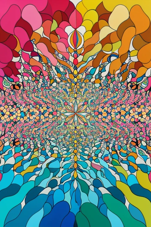 A colorful geometric pattern with swirling shapes
