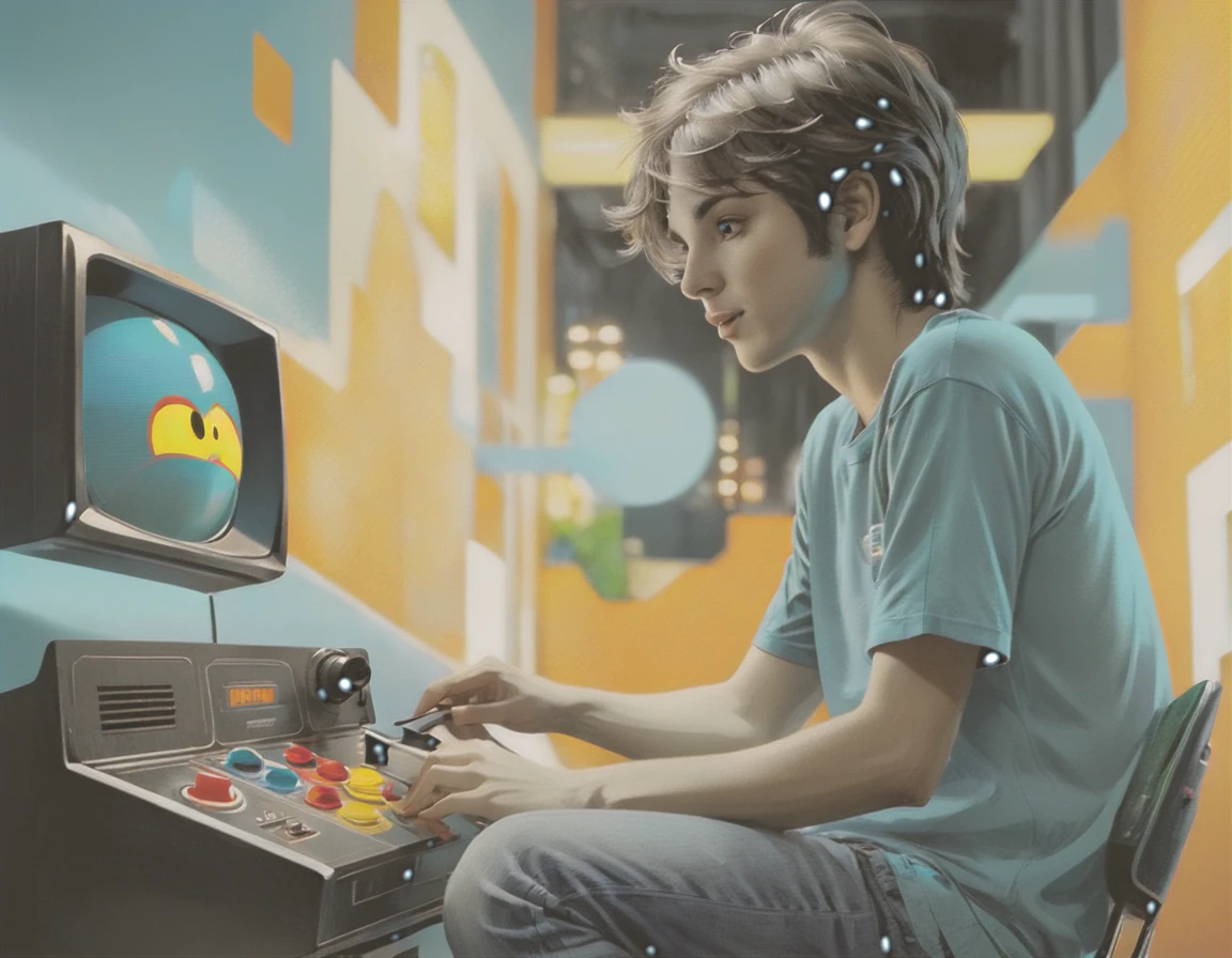 ((masterpiece: 1.5, distant shot, profile: 1.5)). (retro boy playing sitting in a chair in his room, ((playing Pac Man Atari Cx-2600 Cr C/2 Controls Console, on a retro television: 1.6, perfectly proportioned))), (the shot has to be far away the child and the Pac Man game on the Atari console are well appreciated: 1.5), sports clothing, (clothing and details with a wide variety of bright color tones, cyan, earth colors, oranges, greens: 1.3)).(composition perfect:1.4), all extremely detailed and realistic with youthful features., A perfect person, happy, smiling, fun, Her lips are a uniform shade of pink. Includes fun and impressive features. Very realistic eyes. His eyes, face and body are important and must be hyper-realistic. Very detailed and beautiful. In high definition and detail, lots of energy and emotion, enhanced details, Pay special attention to his face and make sure it is beautifully detailed and realistic.... camera: this art is ethereal and the camera should emphasize those features... Create something surprisingly beautiful. Use dynamic composition techniques, ((Imaginative scene)),((perfect, meticulously detailed:1.4)), ((full shot: 1.4, dynamic pose:1.3)), ((Best quality)), ((masterpiece) ), 3d, (Hyper Detailed: 1.3), ((Cityscape: 1.3)), (Photorealistic: 1.4), ((Low Light Night Cinema Lighting: 1.2)).32k.