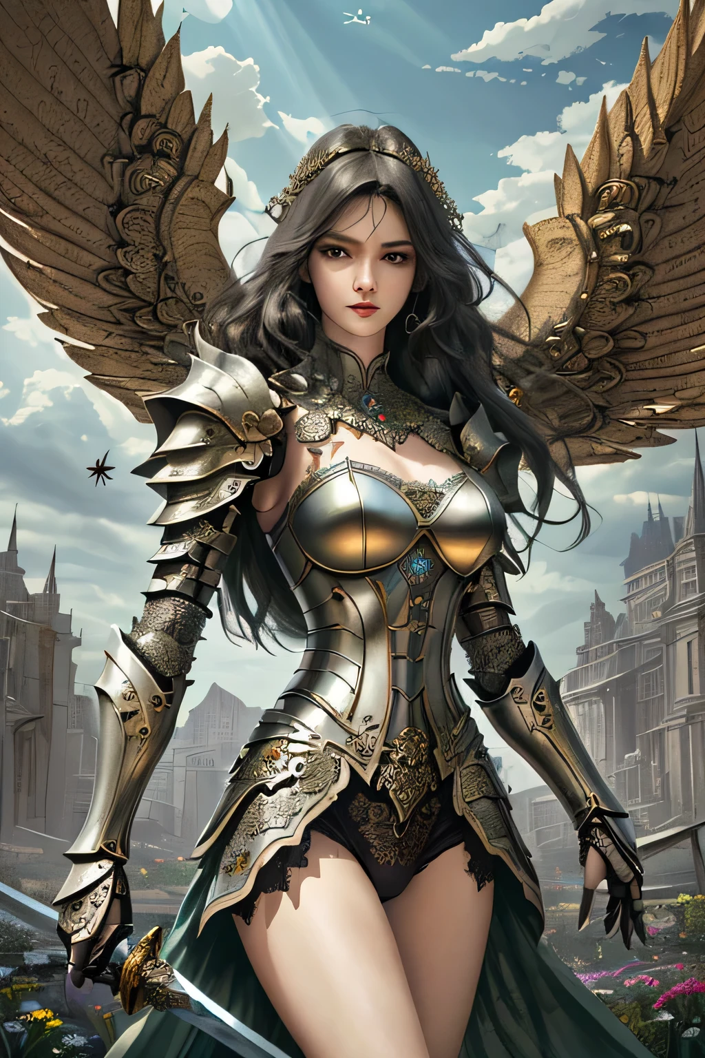 arafed, high details, best quality, 8k, [ultra detailed], masterpiece, best quality, (extremely detailed), dynamic angle, ultra wide shot, RAW, photorealistic, fantasy art, dnd art, rpg art, realistic art, a picture of female human holy warrior,  warrior of god, full body, ((wear sexy underpants)), ultra detailed face (1.5) [[anatomically correct]] dynamic position (1.5 intricate details, Masterpiece, best quality) in dark fantasy cemetery (1.5 intricate details, Masterpiece, best quality), woman wearing bright armor, heavy armor (1.4 intricate details, Masterpiece, best quality), armed with epic sword, epic holy sword, radiant sword, sword sheds bright ligh(1.3, masterpiece), purple cloak (1.3, masterpiece) holy symbol with [bright aura] (1.4), long hair, dark hair, green eyes intense eyes, dark cemetery background (1.5 intricate details, Masterpiece, best quality) god rays, divine rays (1.4 intricate details, Masterpiece, best quality), dynamic angle, (1.4 intricate details, Masterpiece, best quality) 3D rendering, high details, best quality, highres, ultra wide angle@EG1