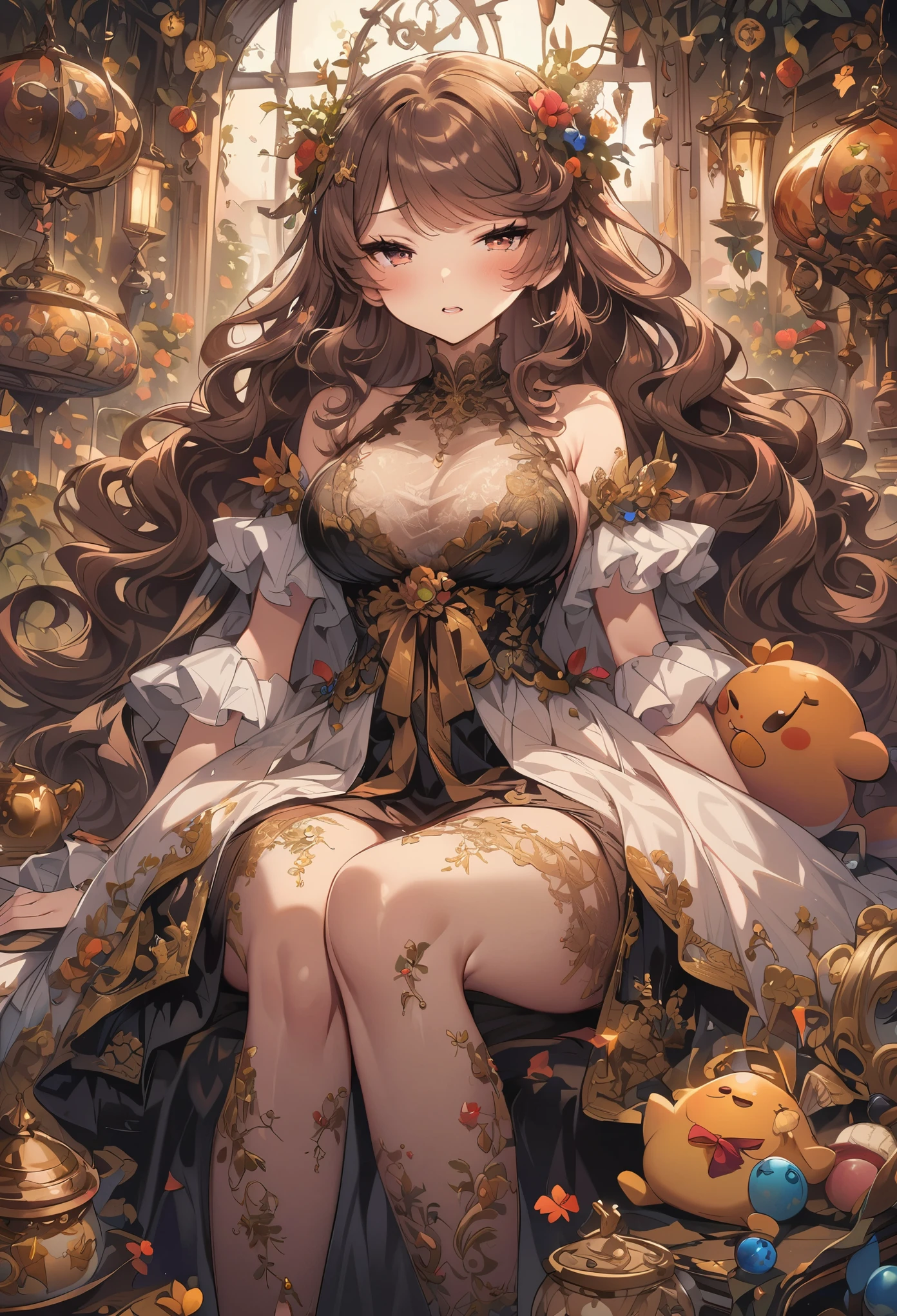 curls,Eyes are very delicate,Exquisite hair color,((Black and gold sheer lace dress)),huge ,Too much,big and droopy,big ditty big , (((masterpiece))), ((best quality)), ((intricate details)), ((surreal))