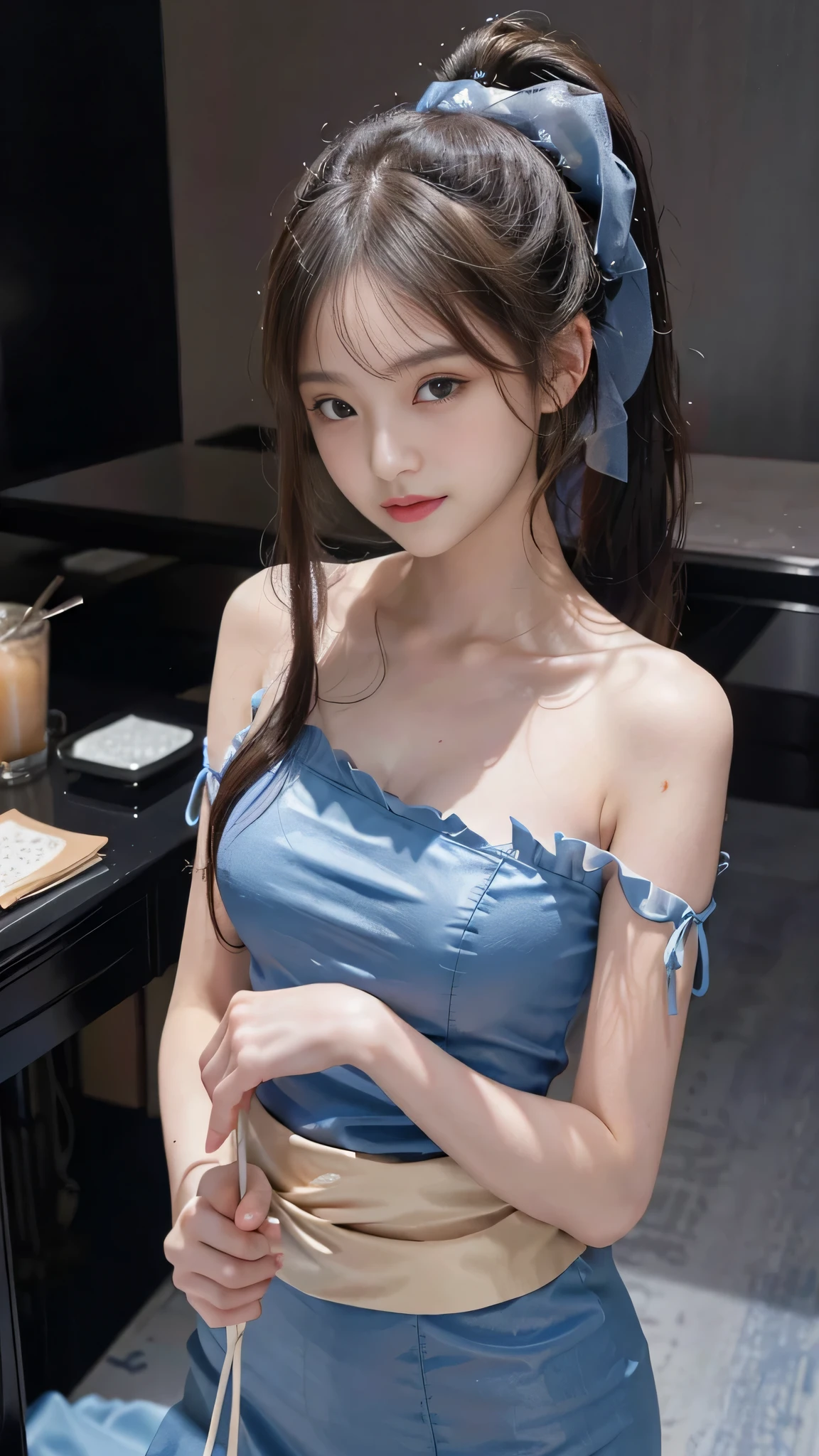 Do not show your legs,close up of face,Are standing,standing on stage,Blue colored long dress with lots of ruffles,One woman,masutepiece, The highest image quality, High quality, the background is clear,Beautiful woman, Japanese, Detailed, Detailed eyes, Detailed skin, Beautiful skin, 超hight resolution, (reality: 1.4),Very beautiful woman, Slightly younger face, Beautiful skin, slender, (Ultra photo realsisim), (hight resolution), (8K), (Very detailed) (beautifully detailed eyes), (super detailed), (Detailed face), view the viewer, Fine details, Detailed face, Staring straight ahead, Staring straight ahead, photos realistic, Bright lighting, Professional Lighting, Black hair,poneyTail,a baby face,fifteen years old,Hairstyle is ponytail,long ponytail hairstyle,slight smile,neat and tidy clothing,Beautiful Japanese KPOP idol photo, hair style is ponytail, my eyes are double and wide, baby face, smile and look straight ahead, slender, small breasts,close up face,softly shaped skirt, Blue ribbon on head,