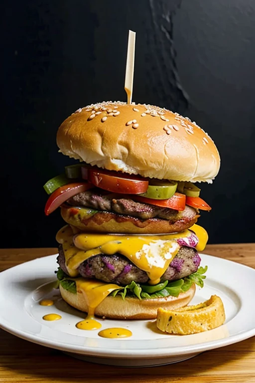 "A delicious, juicy burger with all the toppings, served on a plate"