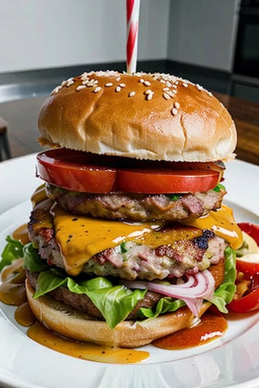 "A delicious, juicy burger with all the toppings, served on a plate"