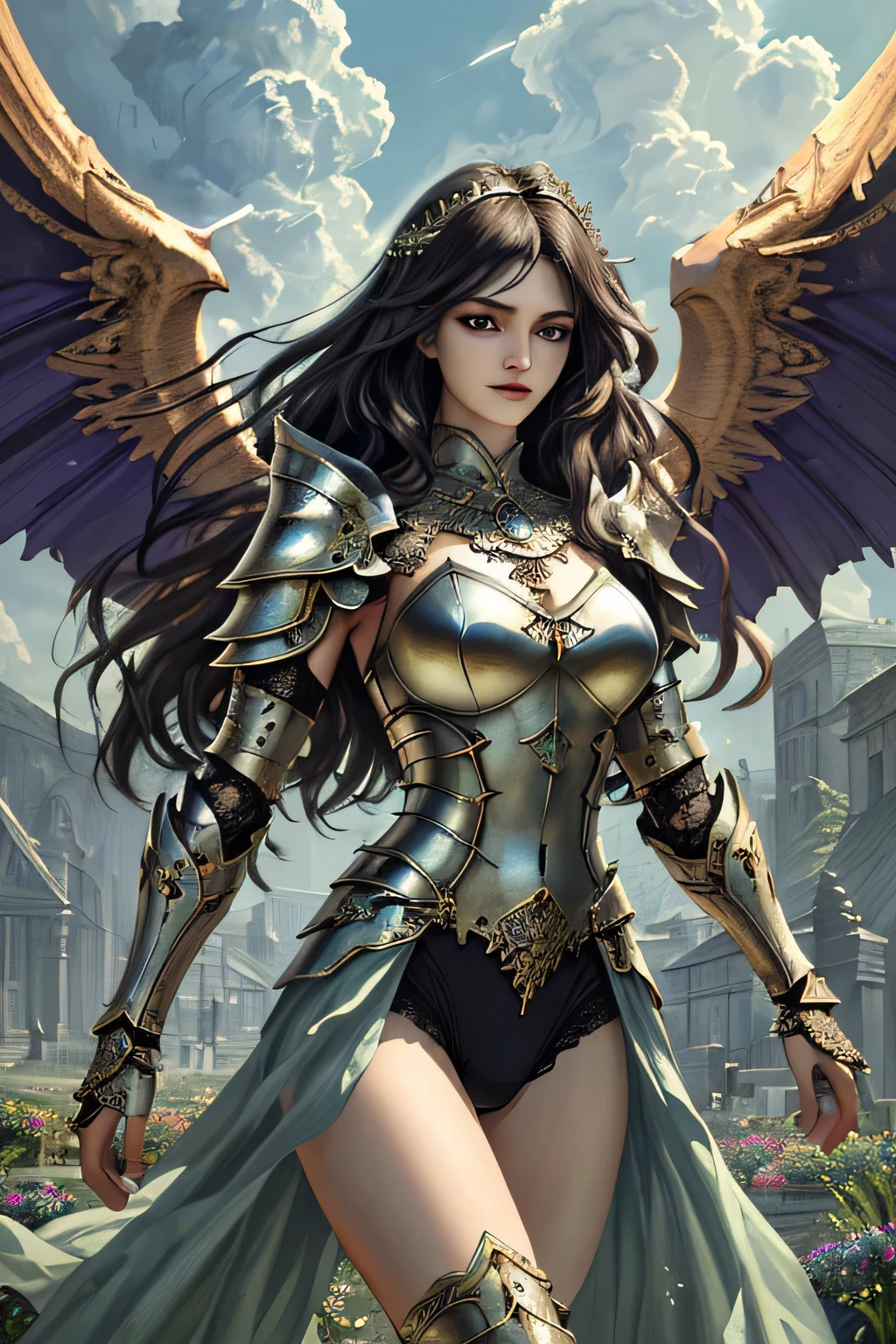 ((watercolor painting by John Singer Sargent)), 1girl , a female mature warrior with mechanical wings on her back is standing in front of a giant flying mechanical device in a classic battleground, curvy woman, cleavage,high heels , steampunk style, holly armor, long fair hair, bangs, fair skin, taking a large thick sword, dynamic angle shot, wind, dynamic poses
