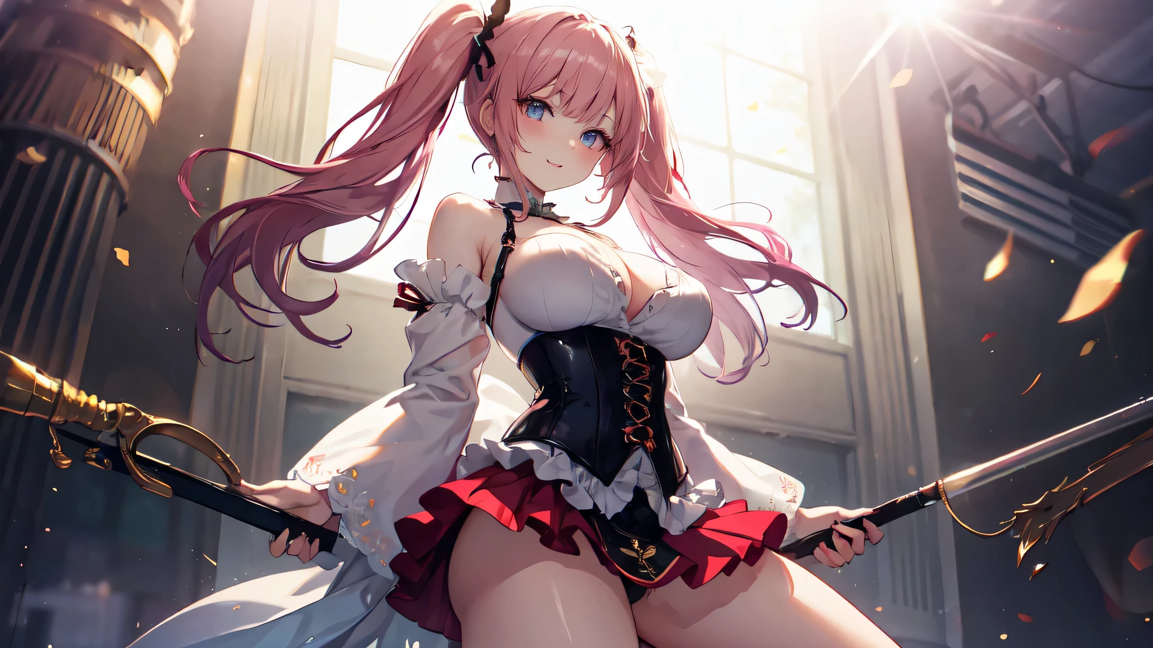 ((one person、dynamic pose)、mini skirt、corset、)、best quality,4k,8K,High resolution,master piece:1.2),super detailed,(actual,realistically),brightly colored,beautiful eyes,delicate smile,my face turned red,textured skin,master piece,KHD,best quality,kind and beautiful woman,Mild,delicate and sexy clavicle,,double eyelid,rosy lips,small nose,twin tails,Costume with frills,((huge big breasts)),perfect pubic bone,coquetry,