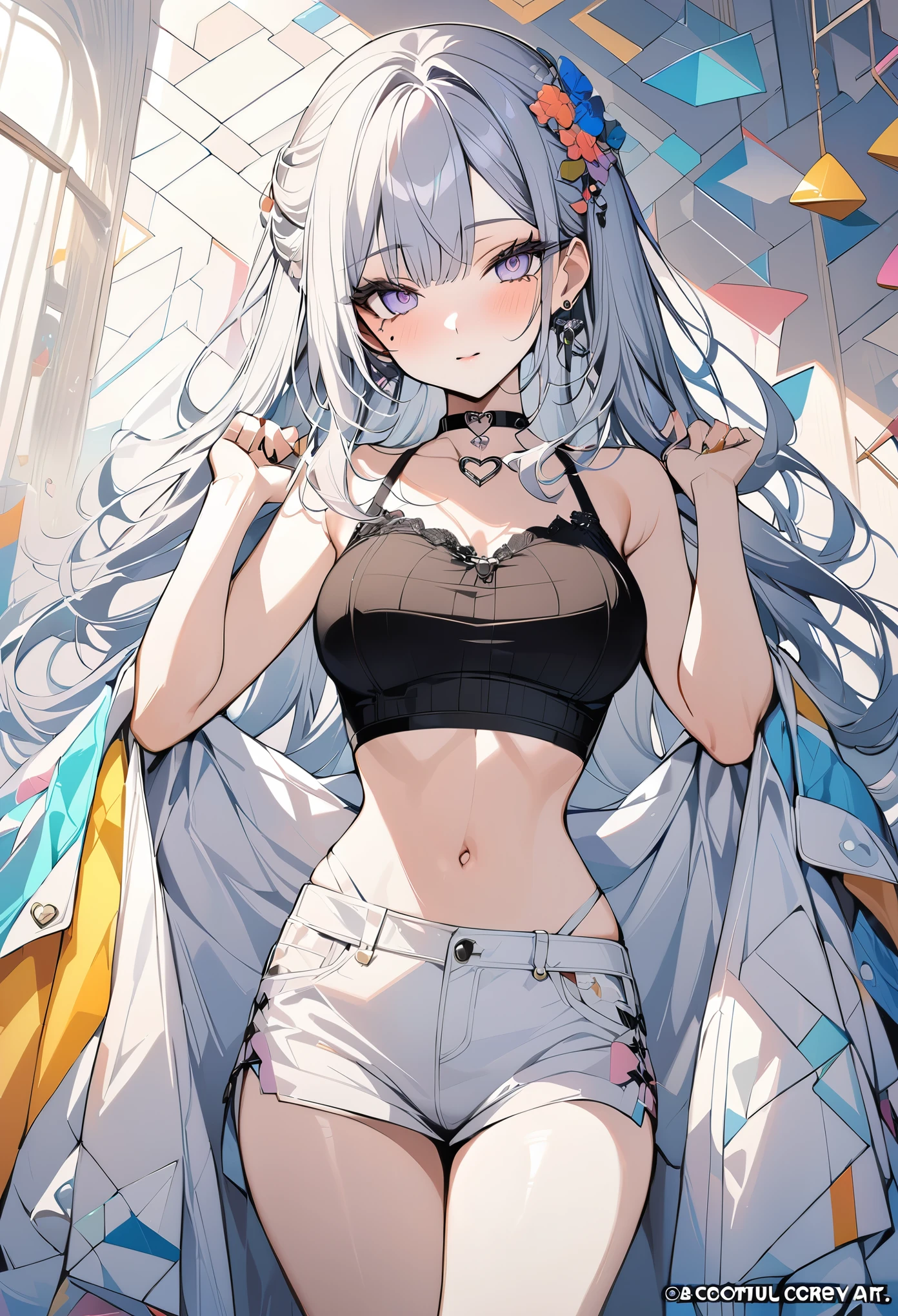 ((Girl with protruding ribs:1.4))、(flat chest:1.2),(skinny body:1.3)、Blushing、To blush、Thick eyes、((I'm skinny. :1.3))、white hair, long hair, ((hair over one eye))、messy hair、((Double teeth))、((Larger clothes:1.3))、Beautiful eyes、(Miniskirt :1.5), I'm puffing up my cheeks. , ((naughty face:1.2))、pastel colors theme , Half-twin 、((Harness )), ((black brassiere))