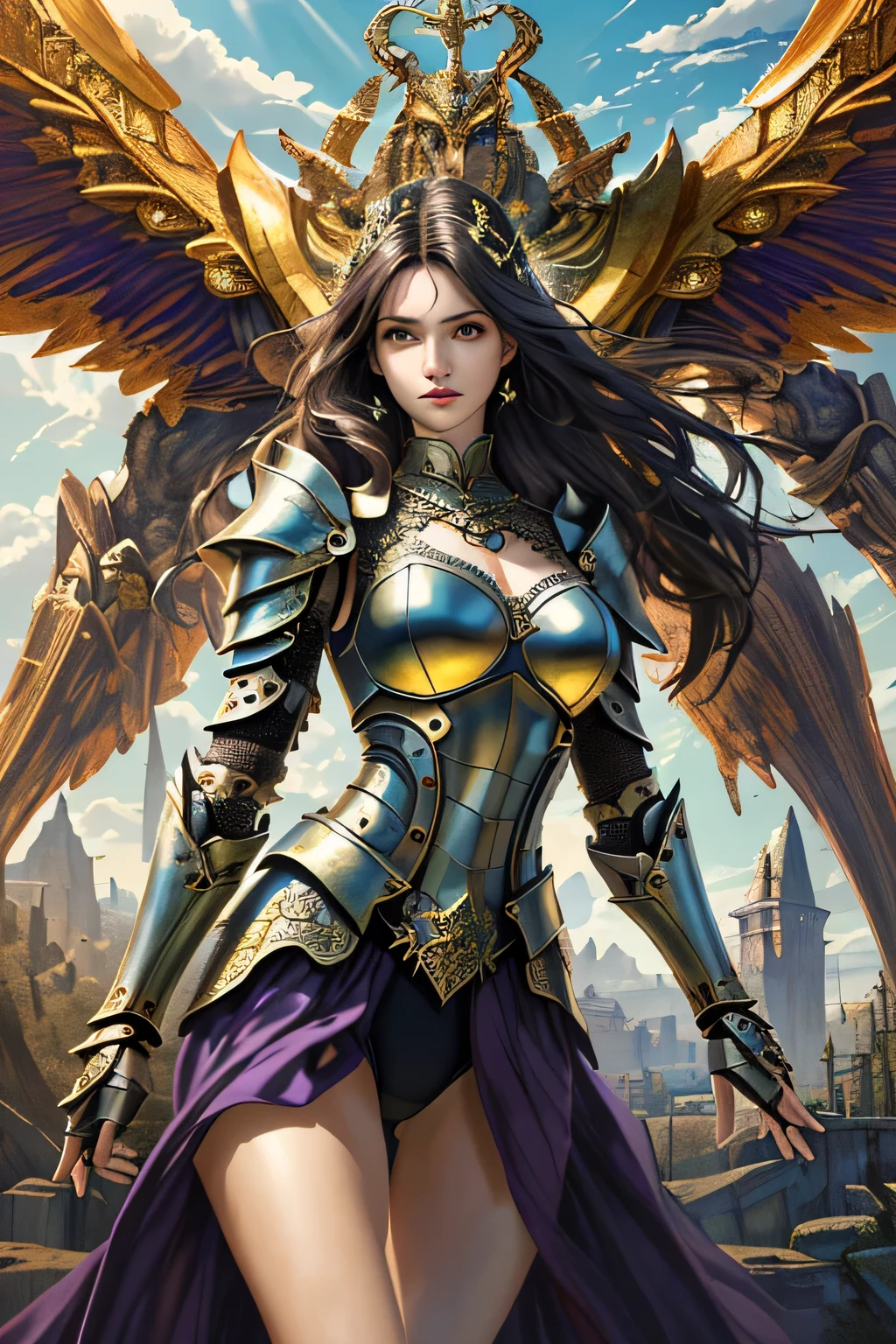 arafed, high details, best quality, 8k, [ultra detailed], masterpiece, best quality, (extremely detailed), dynamic angle, ultra wide shot, RAW, photorealistic, fantasy art, dnd art, rpg art, realistic art, a picture of female human holy warrior,  warrior of god, full body, ((wear sexy underpants)), ultra detailed face (1.5) [[anatomically correct]] dynamic position (1.5 intricate details, Masterpiece, best quality) in dark fantasy cemetery (1.5 intricate details, Masterpiece, best quality), woman wearing bright armor, heavy armor (1.4 intricate details, Masterpiece, best quality), armed with epic sword, epic holy sword, radiant sword, sword sheds bright ligh(1.3, masterpiece), purple cloak (1.3, masterpiece) holy symbol with [bright aura] (1.4), long hair, dark hair, green eyes intense eyes, dark cemetery background (1.5 intricate details, Masterpiece, best quality) god rays, divine rays (1.4 intricate details, Masterpiece, best quality), dynamic angle, (1.4 intricate details, Masterpiece, best quality) 3D rendering, high details, best quality, highres, ultra wide angle@EG1