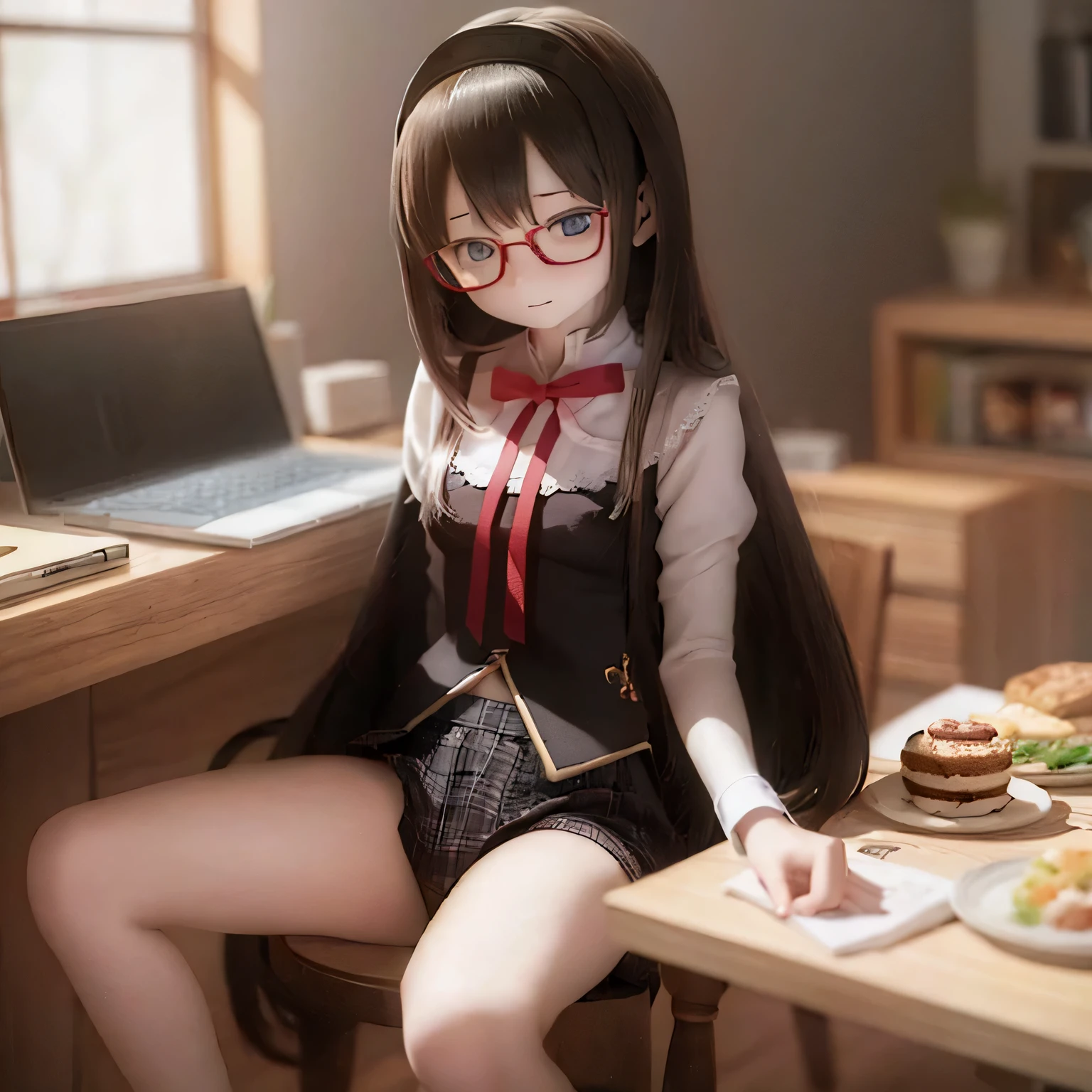 (best quality,photorealistic:1.37),vivid colors,ultra-detailed,physically-based rendering,"tabletop","expressive eyes","perfect face","closed lips","small chest","barefoot","Akemi Homura standing","black hair","sitting on a chair","black-framed glasses","underwear"