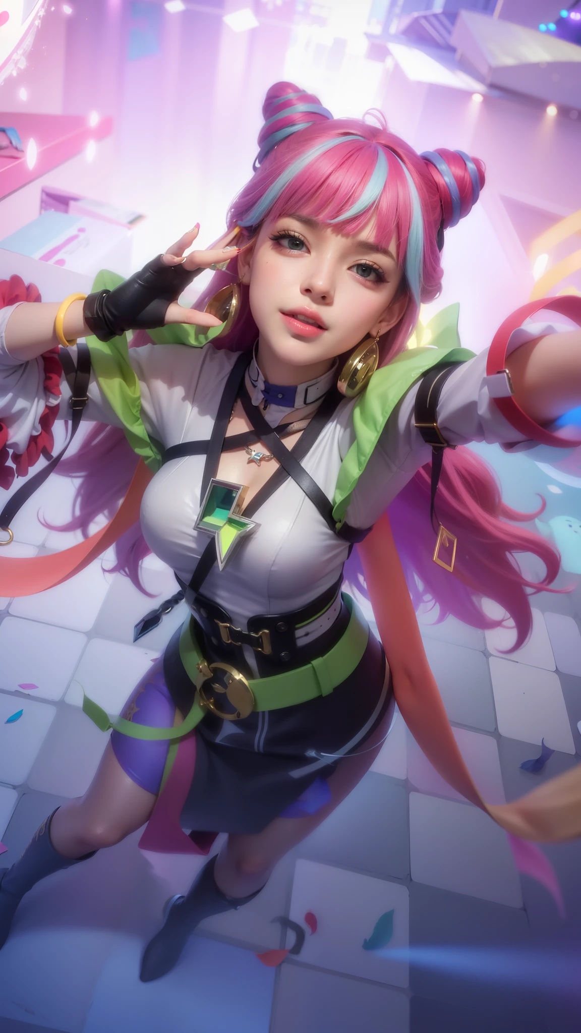 (8k, RAW photo, photorealistic:1.25) , red lips, best quality, ultra highres, depth of field, chromatic aberration, caustics, Broad lighting, natural shading, ultra detailed texture, hyper realistic, detailed texture, detailed face, detailed skin, detailed hair, real hair, detail eyes, cinematic background, a close up of a famele with pink hair and a colorful outfit, ig model | artgerm, extremely detailed artgerm, style artgerm, kda, rossdraws cartoon vibrant, 8k artgerm bokeh, artgerm lau, style of artgerm, ! dream artgerm, artwork in the style of guweiz, green eyes, smile happy.