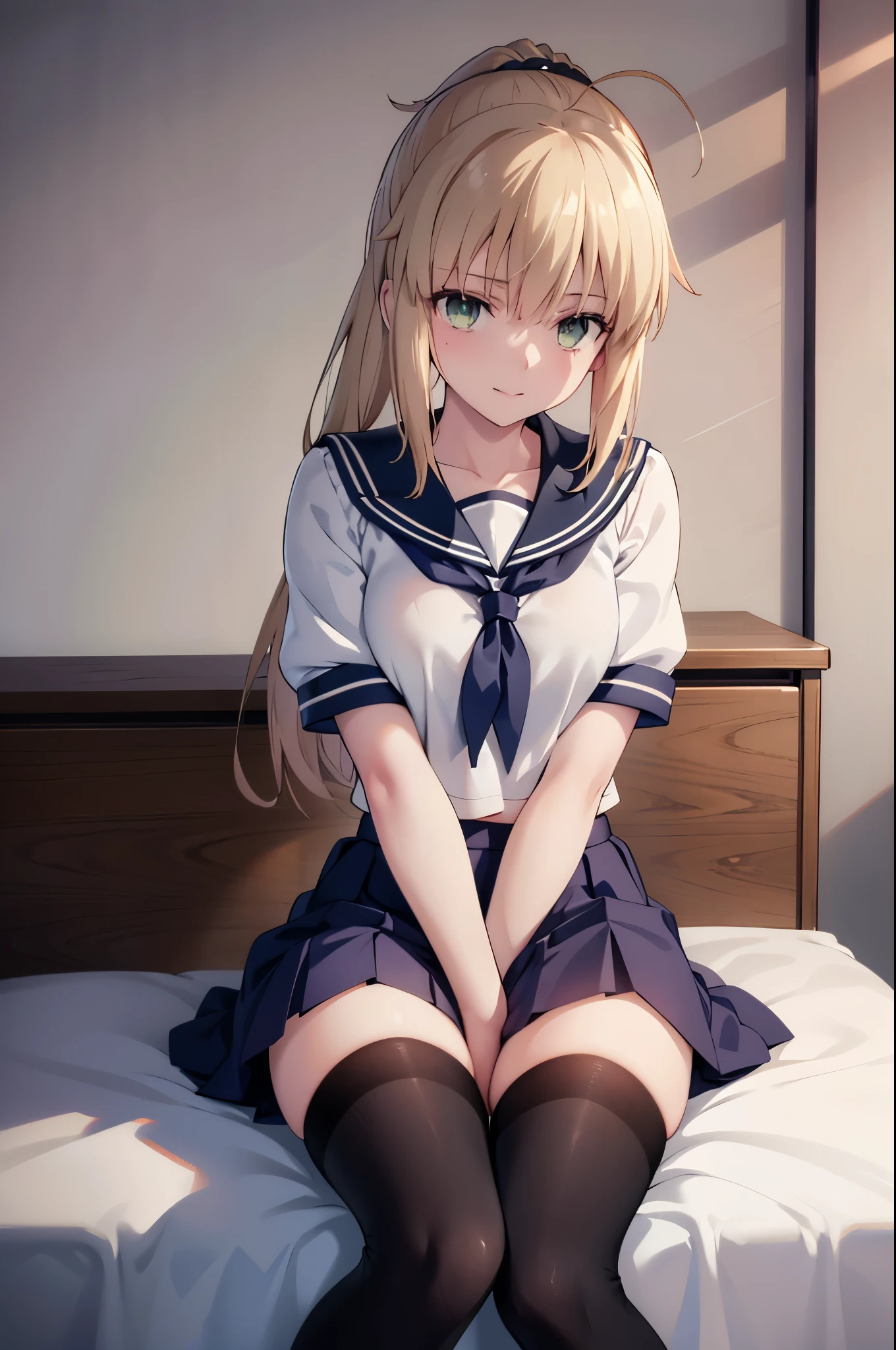 anime girl sitting on a desk with her legs open, an anime drawing by Shitao, trending on pixiv, fantastic realism, kantai collection style, beautiful anime serafuku girl, seductive anime girl, a hyperrealistic schoolgirl, fine details, best anime 4k konachan wallpaper, attractive anime girl, realistic, artoria pendragon (fate), sexy serafuku, smile, black stockings, white panties, ponytail, short skirt