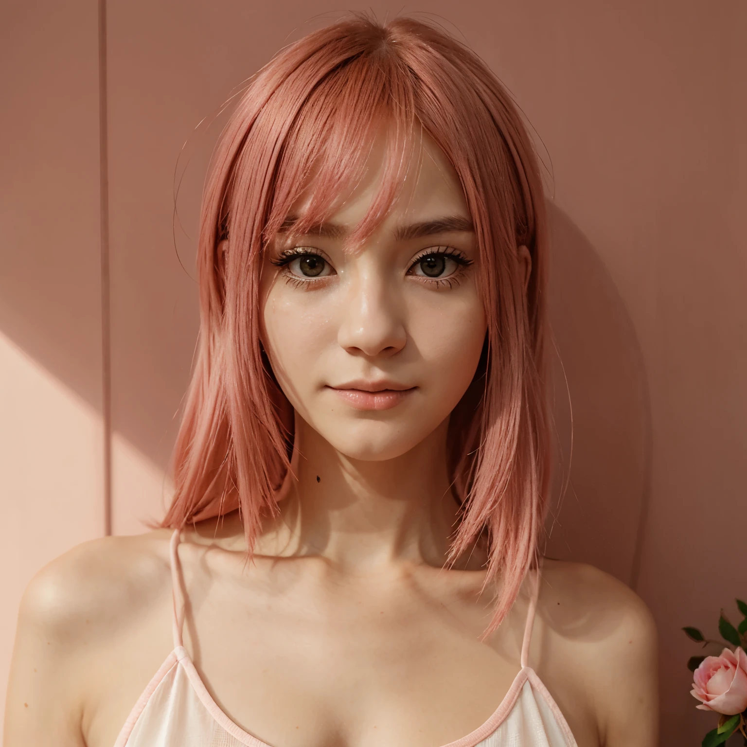 Uma estilo anime de cabelo rosa e orelha de coelho e olhos rosa