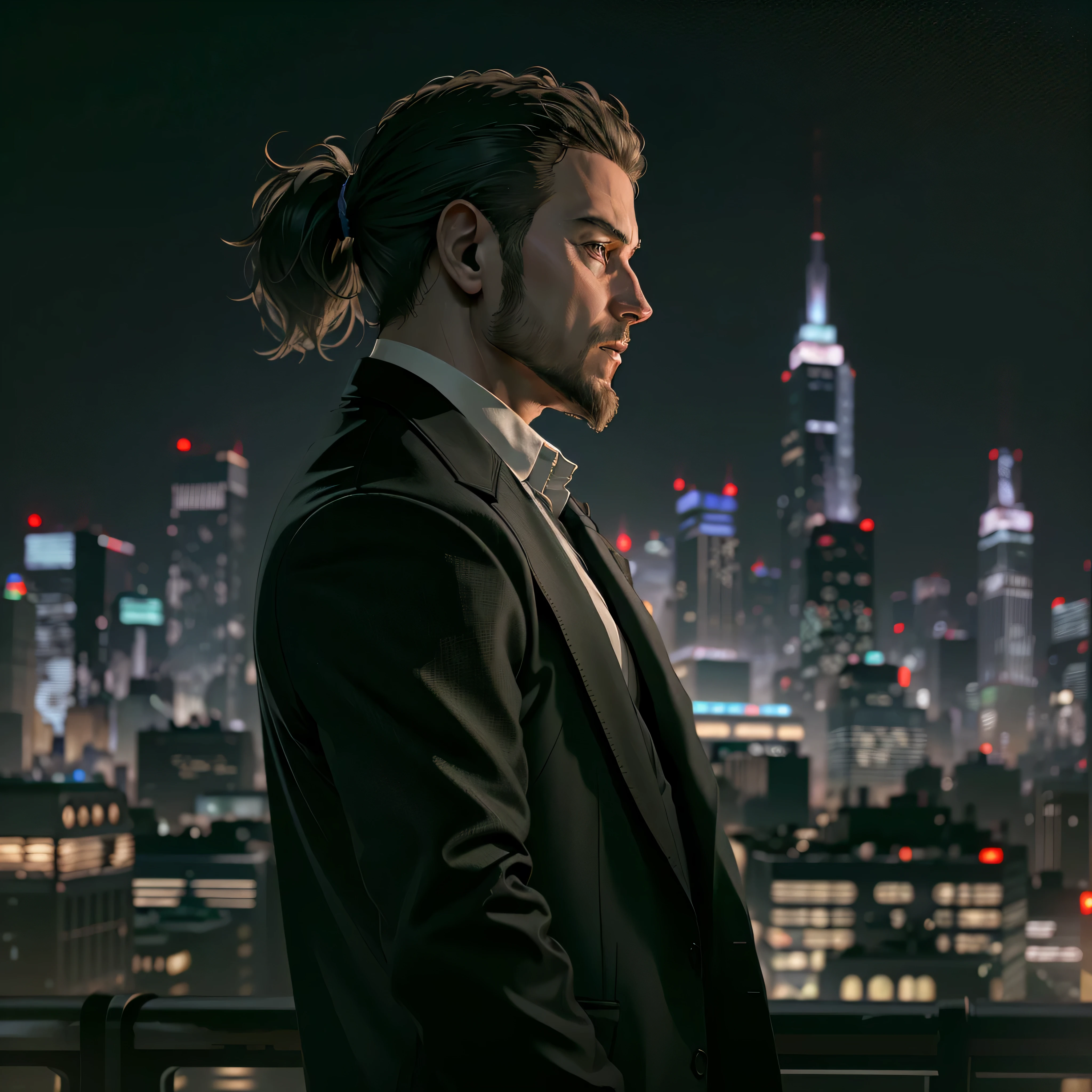 ((ultra detailed, masterpiece, best quality))
REVChris, 35yr. old, 1boy, solo, ponytail hair, goatee, On a sophisticated city rooftop, dressed in a sharp blazer, with the skyline as the backdrop, at night