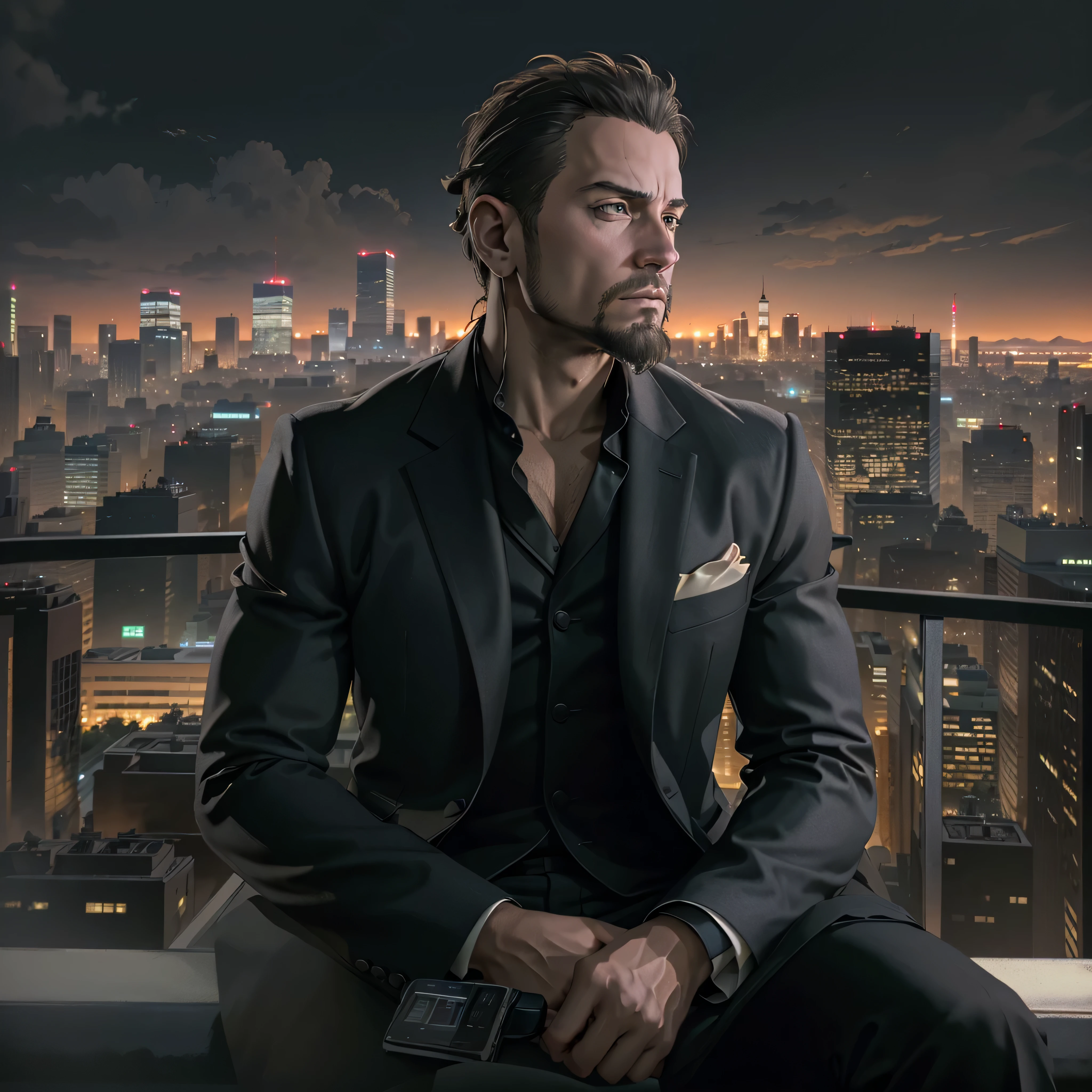 ((ultra detailed, masterpiece, best quality))
REVChris, 35yr. old, 1boy, solo, ponytail hair, goatee, On a sophisticated city rooftop, dressed in a sharp blazer, with the skyline as the backdrop, at night