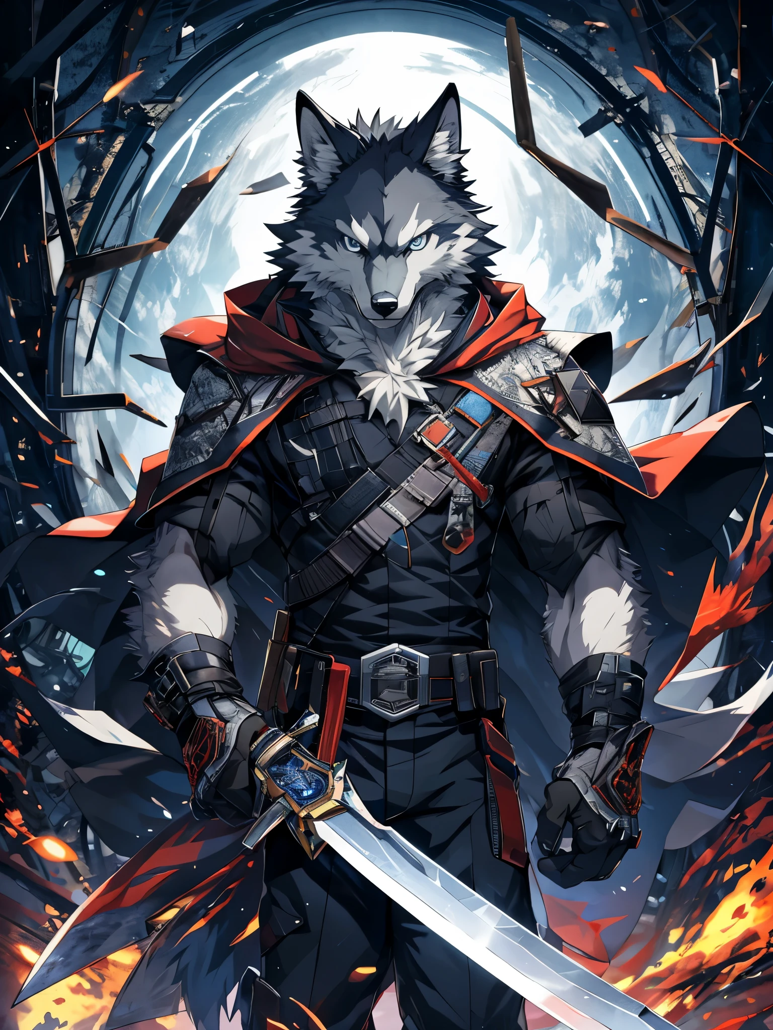 furry, male, anthro, (wolf Tail), Solo, Blue eyes, (Realistic eye details:1.2), (beautiful detailed eyes), anime character, there is a Wolf man with a sword and a cape on a cover of a magazine, anime cover, furry anthro magazine cover, magazine cover book with the title Deyfur, from arknights, high detailed official artwork, official artwork, arknights, ssss.Wolfman, hq artwork, best anime 4k konachan wallpaper, official artbook, illustration, official anime artwork, no type, anime style. 8k, 4k anime wallpaper, anime art wallpaper 8 k, 2 d art, 2d art, badass anime 8 k, by Yuumei, anime art wallpaper 4k, full body like, slim body, in a panoramic view, good looking