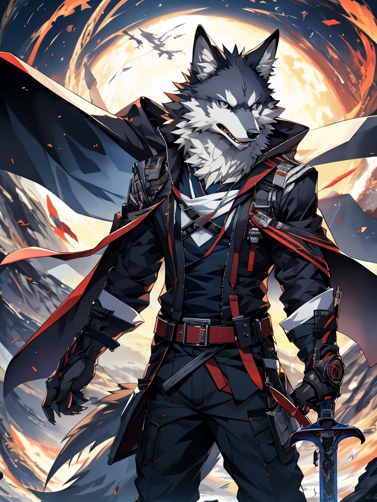 furry, male, anthro, (wolf Tail), Solo, Blue eyes, (Realistic eye details:1.2), (beautiful detailed eyes), anime character, there is a Wolf man with a sword and a cape on a cover of a magazine, anime cover, furry anthro magazine cover, magazine cover book with the title Deyfur, from arknights, high detailed official artwork, official artwork, arknights, ssss.Wolfman, hq artwork, best anime 4k konachan wallpaper, official artbook, illustration, official anime artwork, no type, anime style. 8k, 4k anime wallpaper, anime art wallpaper 8 k, 2 d art, 2d art, badass anime 8 k, by Yuumei, anime art wallpaper 4k, full body like, slim body, in a panoramic view, good looking