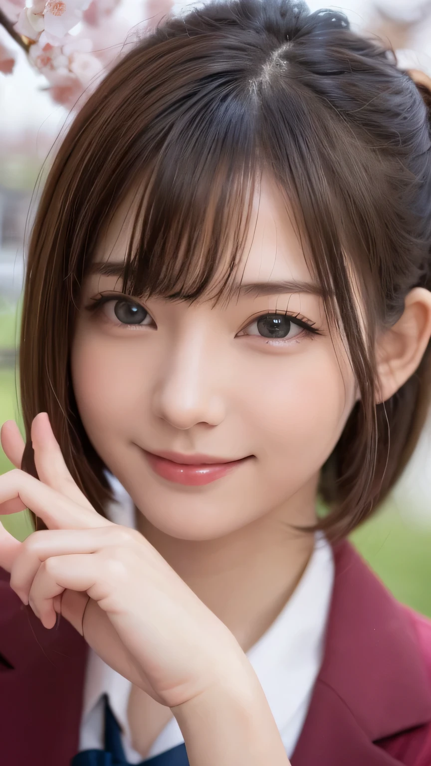 one girl, (a beauty girl, delicate girl:1.3), (:1.3),
break, (spring, cute uniform:1.3),
break, (Street view:1.3), (cherry blossoms fall:1.3), (wool gloves), perfectly trimmed fingers,
break, very fine resolution, (symmetrical eyes:1.3),
break, small breasts, brown eyes, parted bangs, brown hair, girl,
break, (Eye and face details:1.0), (get closer to the face, enlarge the face, face focus:1.0),close up of face,
break, (masterpiece, highest quality, Super detailed, detailed face, 8K),SakuraFubuki,cherry blossom petals,smile,random pose、blue eyes、white gloves,ponytail、SakuraFubuki、gloves、break,dynamic pose,smile、horizontal peace sign in front of face
