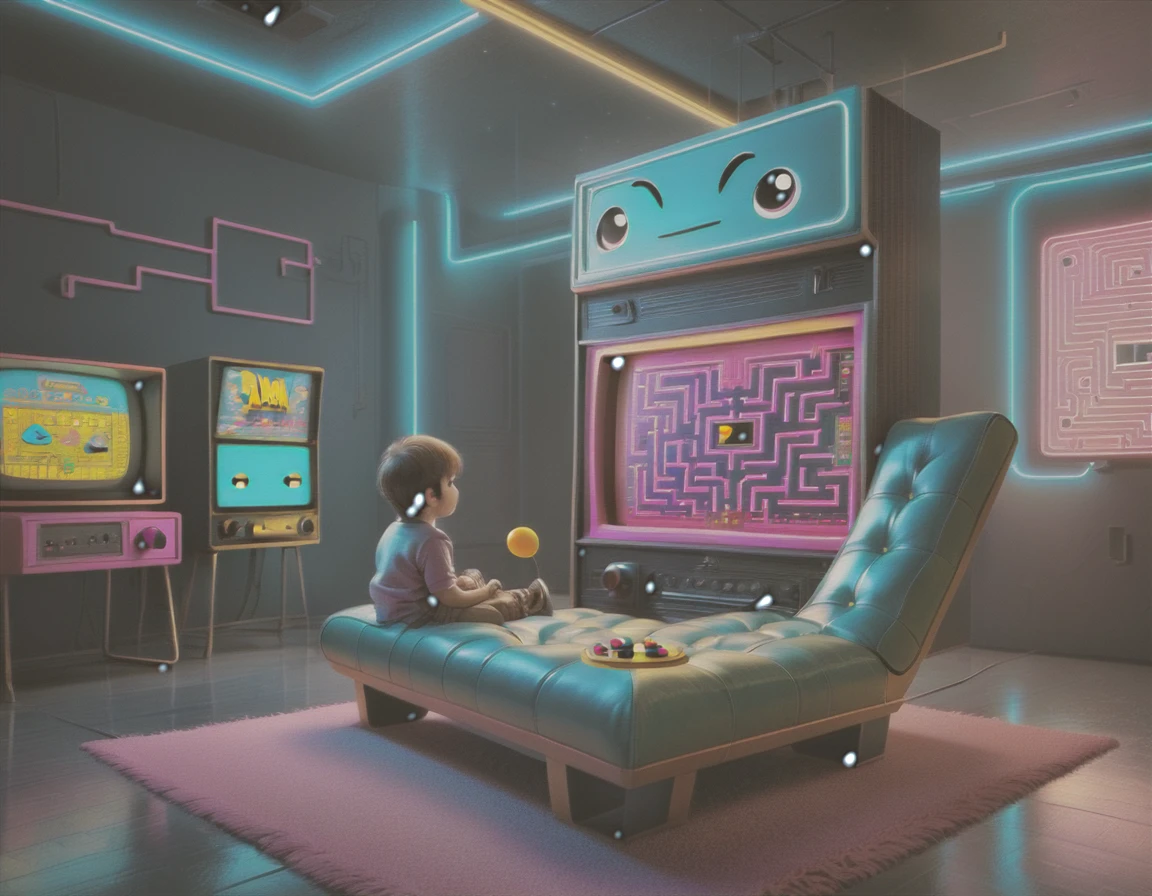 ((masterpiece: 1.5, distant shot, profile: 1.5)). (retro boy playing sitting in a chair in his room, ((playing PAC MAN Console Atari Cx-2600 Cr C/2 Controls)), ((on a retro television WHICH broadcasts PAC MAN:1.6, perfectly proportioned))) , (the plane has to be far away so that the child and the Pac Man game on Atari console: 1.5 can be clearly seen), sports clothing, (clothing and details with a wide variety of bright color tones, cyan, earth colors, orange , green: 1.3)).(perfect composition: 1.4), all extremely detailed and realistic with youthful features.., A perfect person, happy, smiling, fun, His lips are a uniform shade of pink. Includes fun and impressive features. Very realistic eyes. His eyes, face and body are important and must be hyper-realistic. Very detailed and beautiful. In high definition and detail, lots of energy and emotion, enhanced details, Pay special attention to his face and make sure it is beautifully detailed and realistic.... camera: this art is ethereal and the camera should emphasize those features... Create something surprisingly beautiful. Use dynamic composition techniques, ((Imaginative scene)),((perfect, meticulously detailed:1.4)), ((full shot: 1.4, dynamic pose:1.3)), ((Best quality)), ((masterpiece) ), 3d, (Hyper Detailed: 1.3), ((Cityscape: 1.3)), (Photorealistic: 1.4), ((Low Light Night Cinema Lighting: 1.2)).32k.