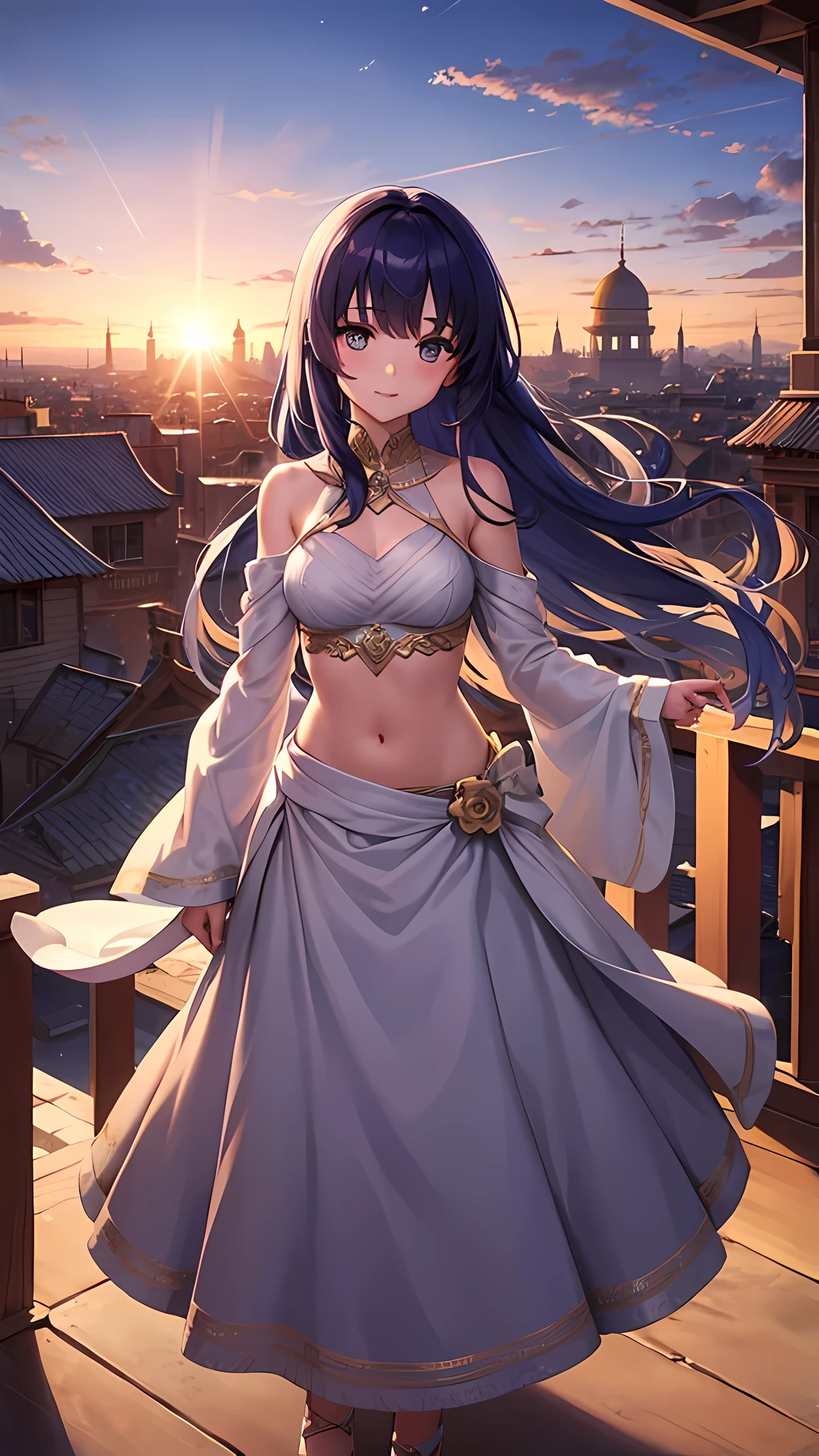 (Girl), blue hair, braided hair, flowers in hair, slim body, saree, blouse, reflective skin, reflective hair, slightly transparent clothing, arabian architecture, open rooftop, dawn, lens flair, high quality anime art, high quality, clean anime art, looking at viewer, smiling, hair blowing at wind, hand on hair