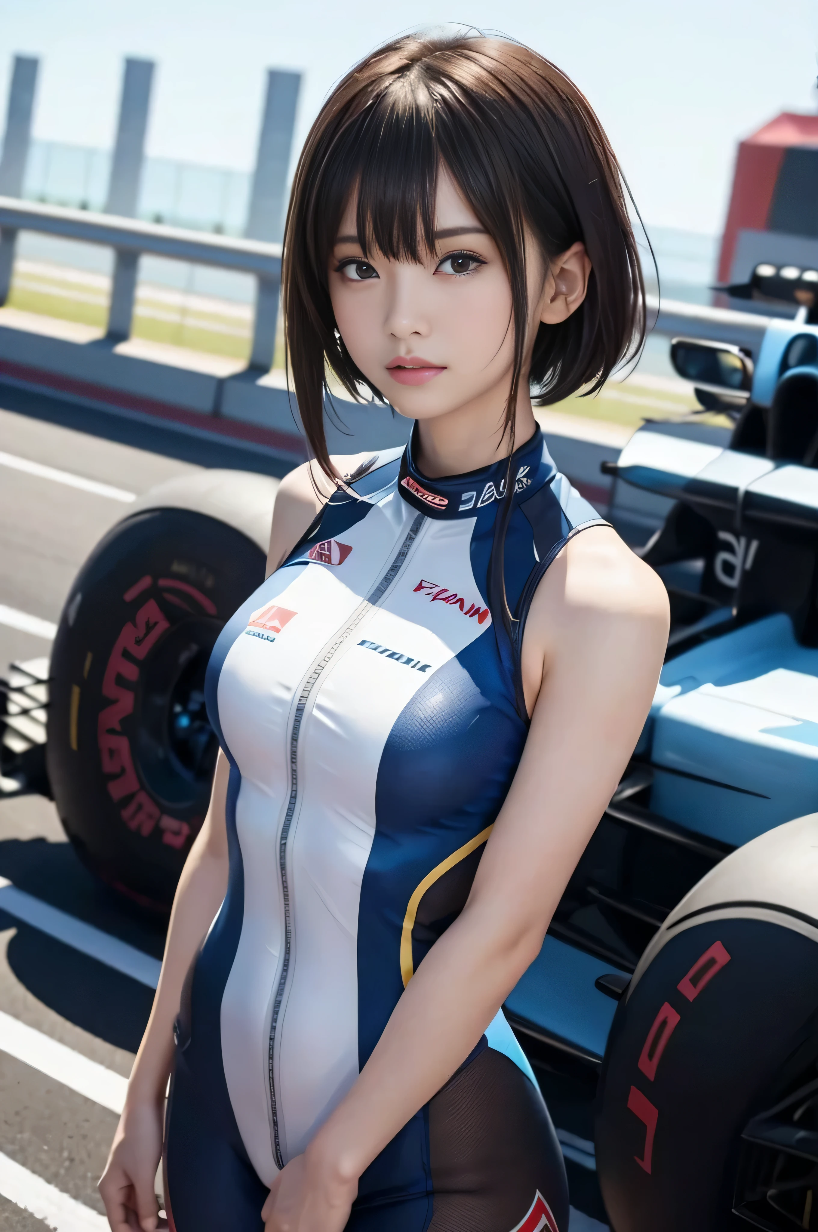 RAW image quality、8K resolution、Ultra-high-definition CG images、Japan female racer in blue racing suit standing in front of blue formula car　F1 キー　circuit　brown hair　short cut hair　Monaco Grand Prix　standing with arms crossed　People photography　Portrait