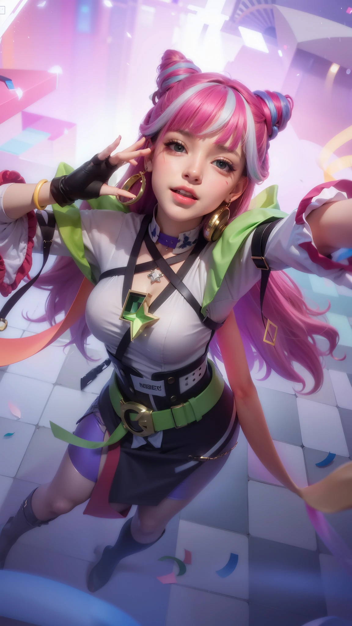 (8k, RAW photo, photorealistic:1.25) , red lips, best quality, ultra highres, depth of field, chromatic aberration, caustics, Broad lighting, natural shading, ultra detailed texture, hyper realistic, detailed texture, detailed face, detailed skin, detailed hair, real hair, detail eyes, cinematic background, a close up of a famele with pink hair and a colorful outfit, ig model | artgerm, extremely detailed artgerm, style artgerm, kda, rossdraws cartoon vibrant, 8k artgerm bokeh, artgerm lau, style of artgerm, ! dream artgerm, artwork in the style of guweiz, green eyes, smile happy.