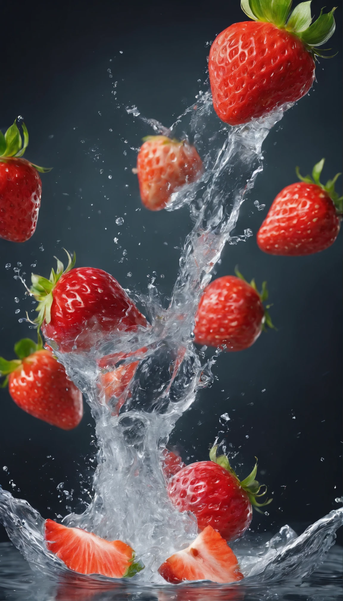 Grading RAW HD photos，Super real photos，Super real photos，digital monocular，柔和的Light，Product photo of 5 strawberries falling into water、dripping water、splash出透明液体、splash，dynamic combination，(main part) (best quality) (detailed) (Light) (sharp focus) (complicated), main part, best quality, ultra high resolution, 8K Ultra HD